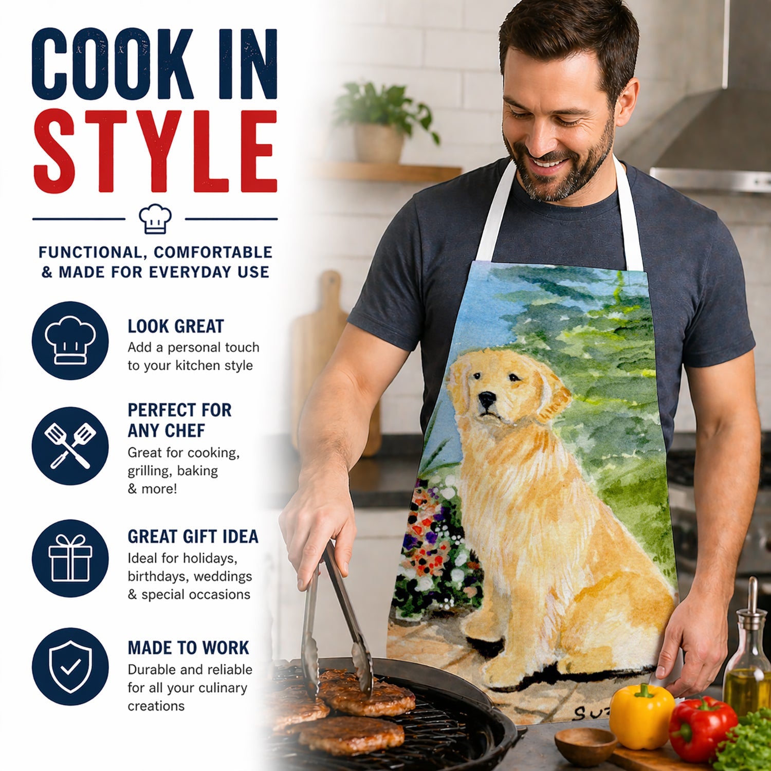 Golden Retriever Apron Cooking Kitchen Server Baking Crafts Gardening for Adult Women Men, Unisex, Large, Multicolor