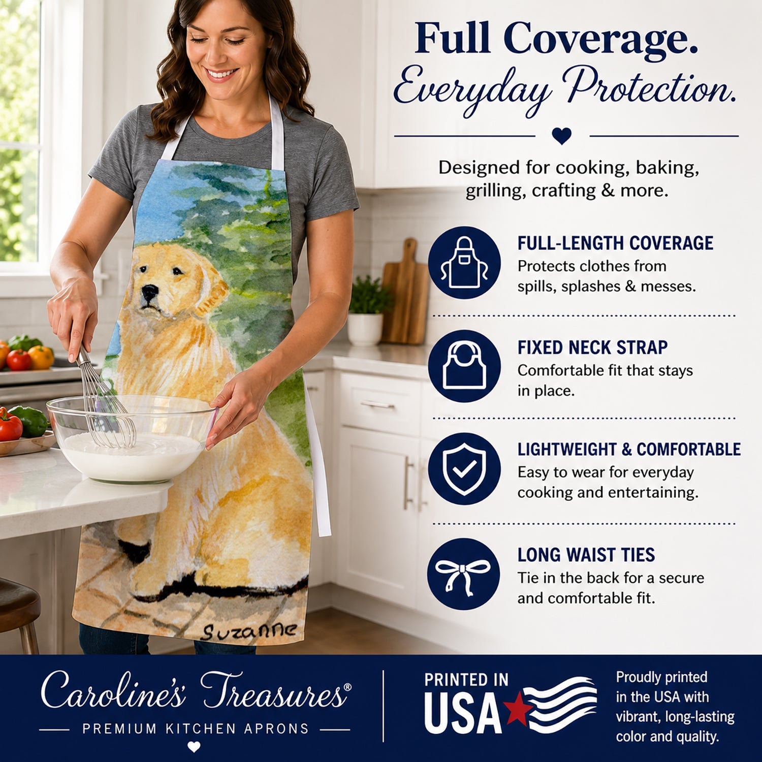 Golden Retriever Apron Cooking Kitchen Server Baking Crafts Gardening for Adult Women Men, Unisex, Large, Multicolor