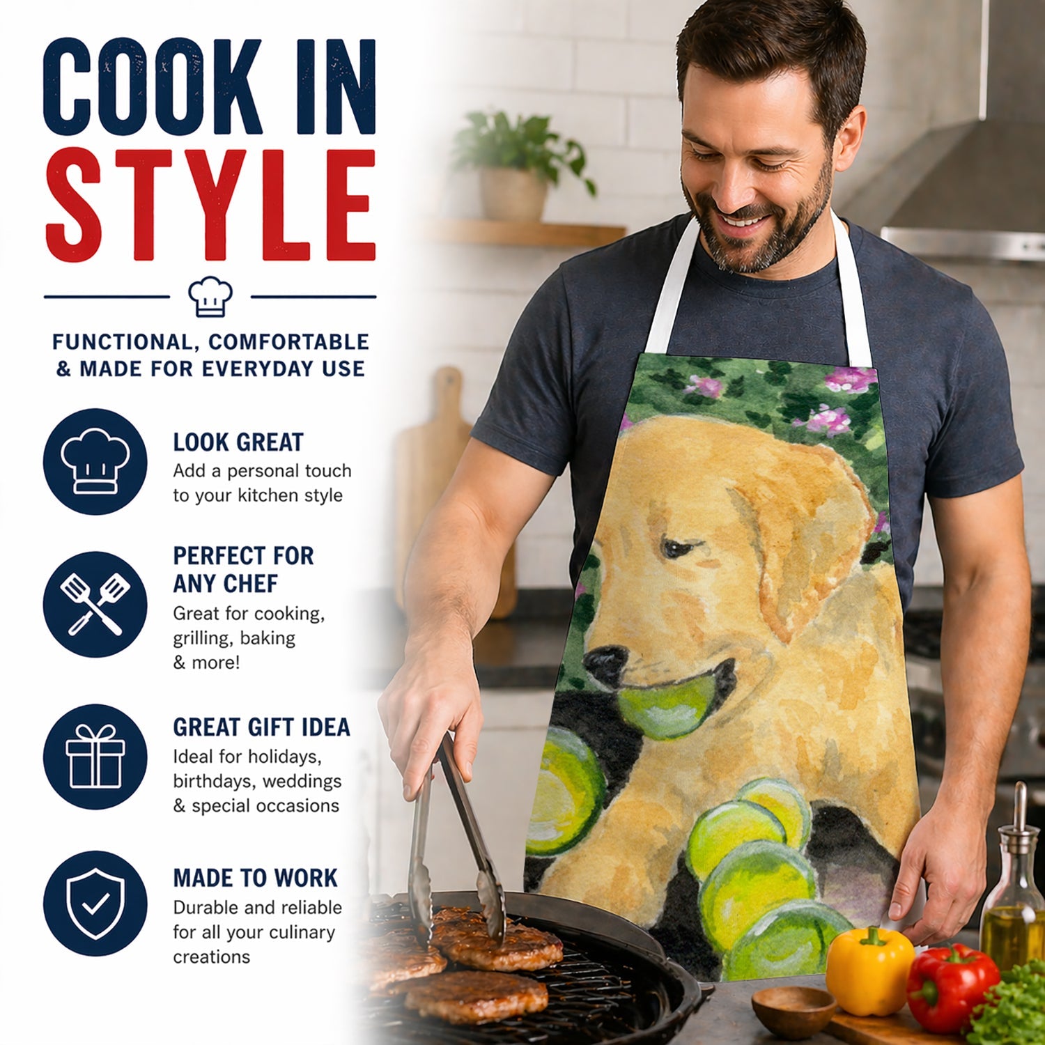 Golden Retriever Apron Cooking Kitchen Server Baking Crafts Gardening for Adult Women Men, Unisex, Large, Multicolor