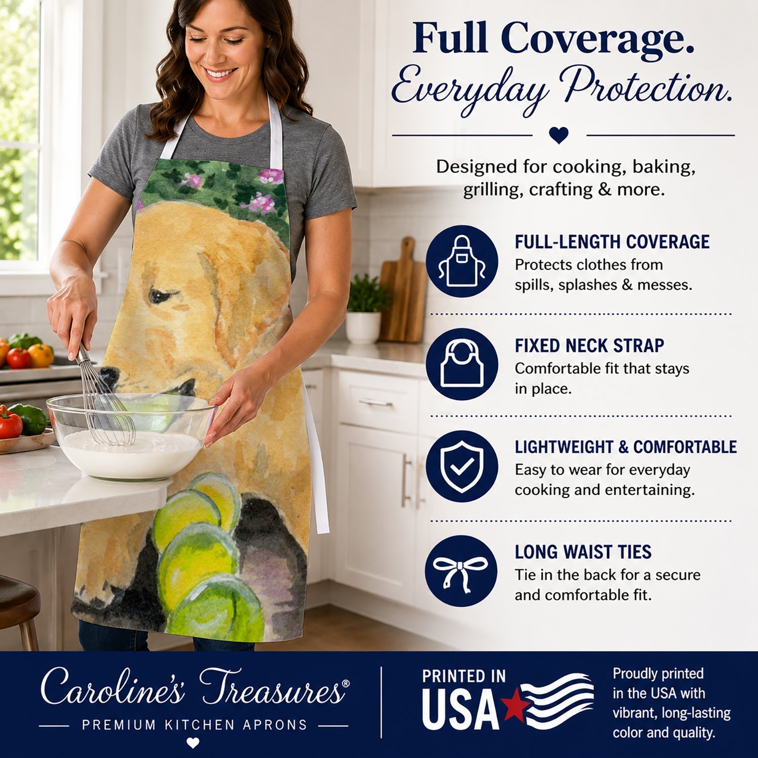 Golden Retriever Apron Cooking Kitchen Server Baking Crafts Gardening for Adult Women Men, Unisex, Large, Multicolor
