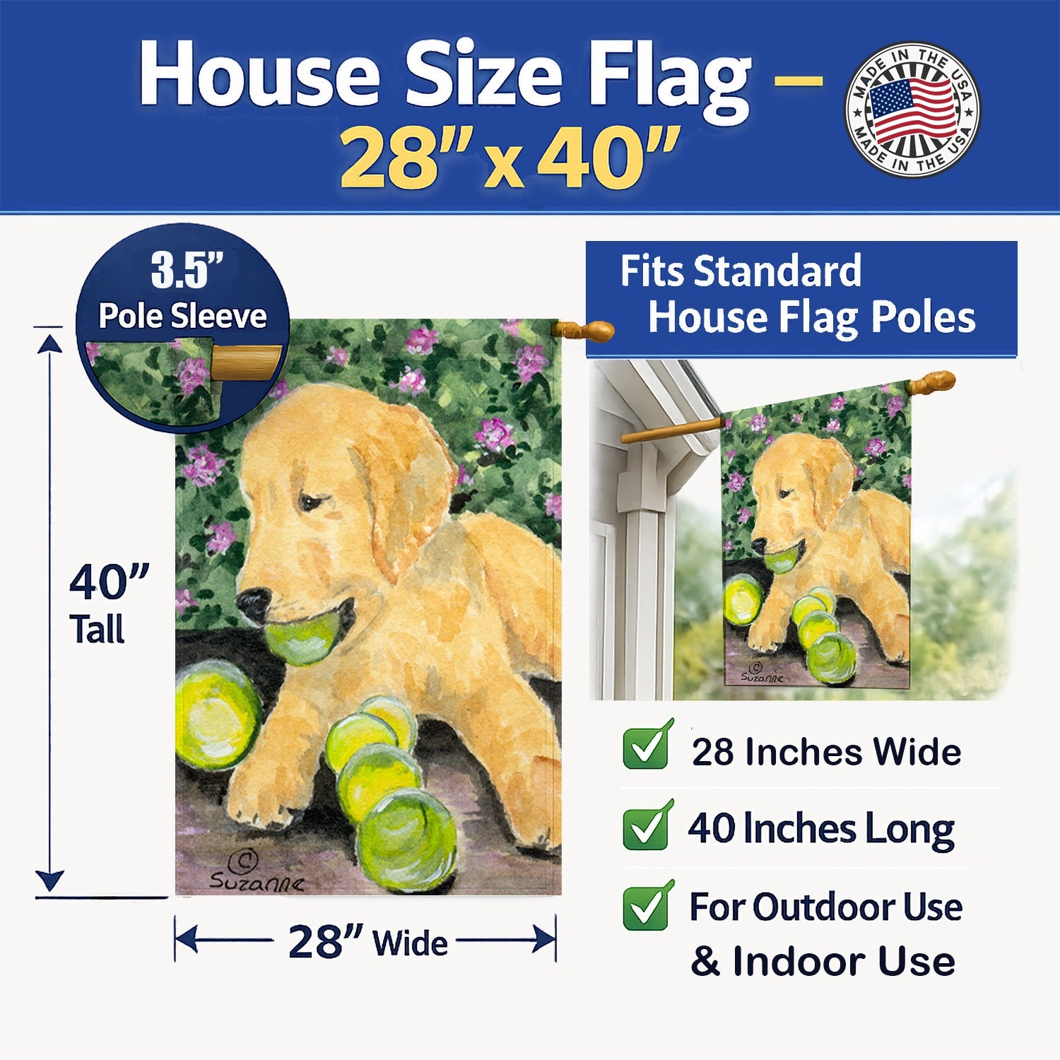 Golden Retriever House Flag 28x40 Porch Sleeve Pole Decorative Outside Yard Banner Artwork Wall Hanging, Polyester