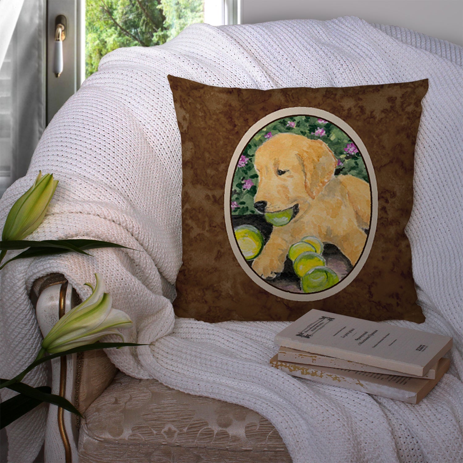 Golden Retriever Decorative Throw Pillow 14x14 Indoor Outdoor Accent Cushion, Fabric Cover with Insert for Sofa, Bed, Porch & Living Room