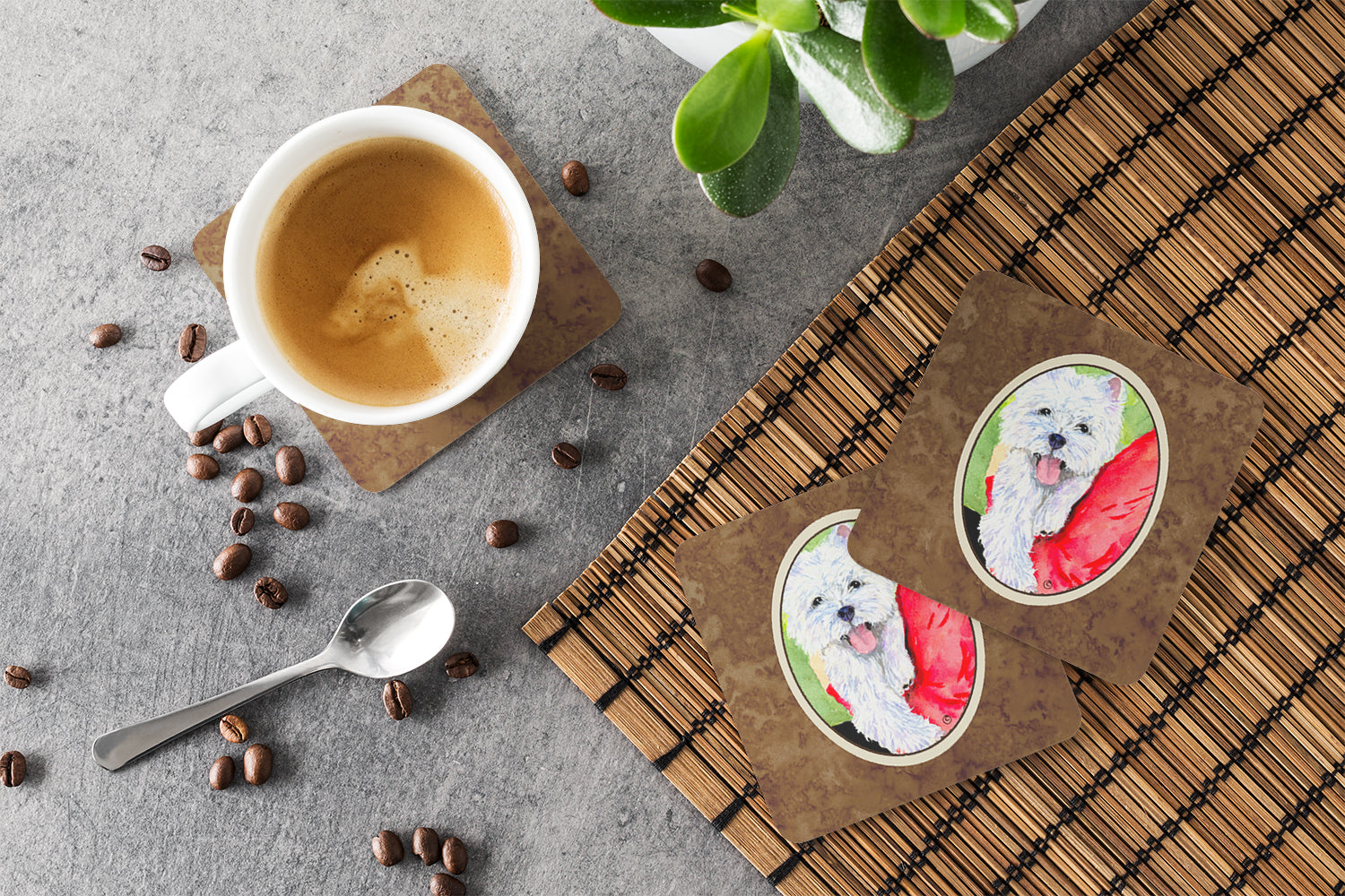 Westie Foam Coasters Set of 4 Cup Coasters for Indoor Outdoor, Tabletop Protection, Anti Slip, Mouse pad Material