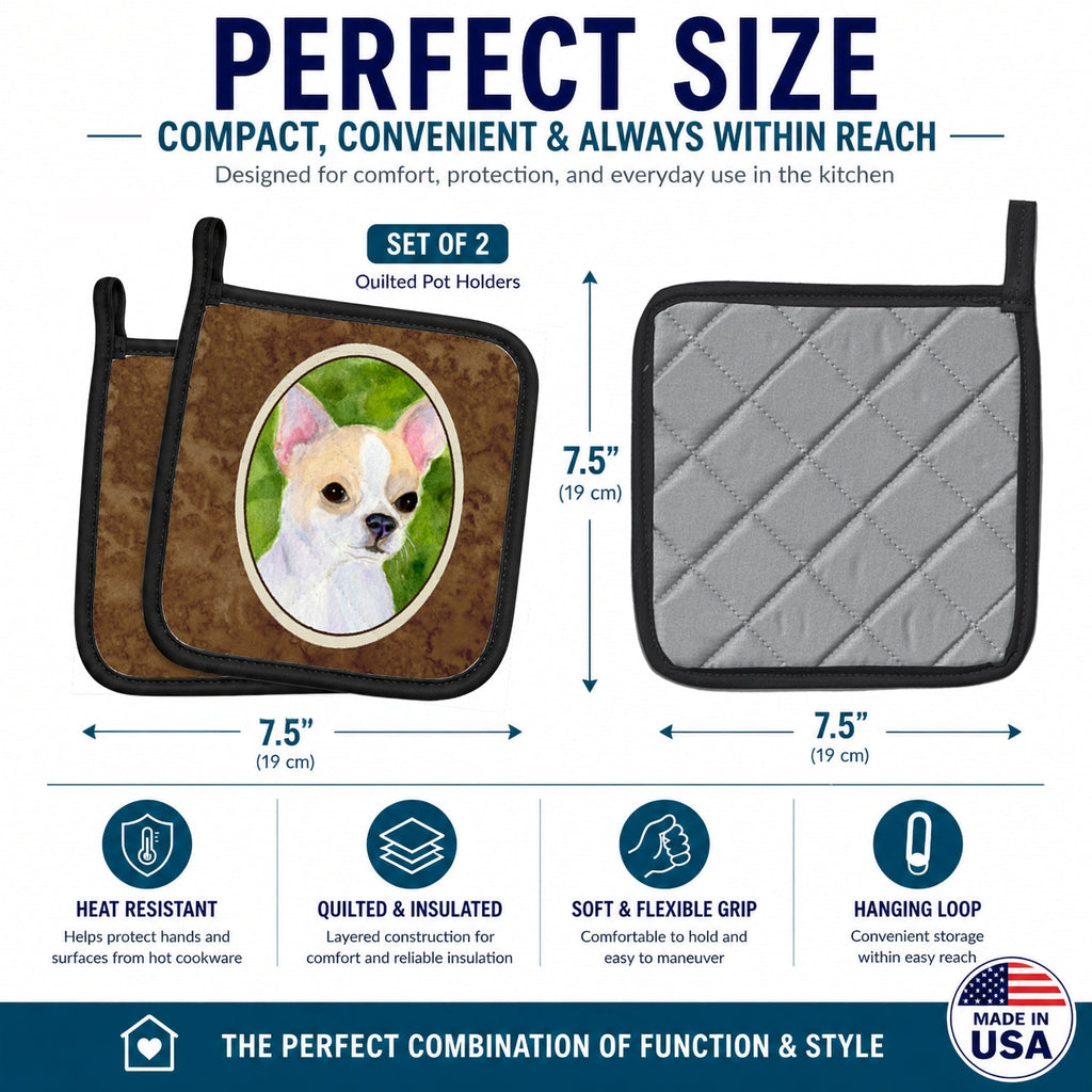 Chihuahua Pot Holder Set of 2 Heat Resistant Quilted Hot Pads 7.5 x 7.5 Inch, Insulated Kitchen Trivets for Cooking & Baking
