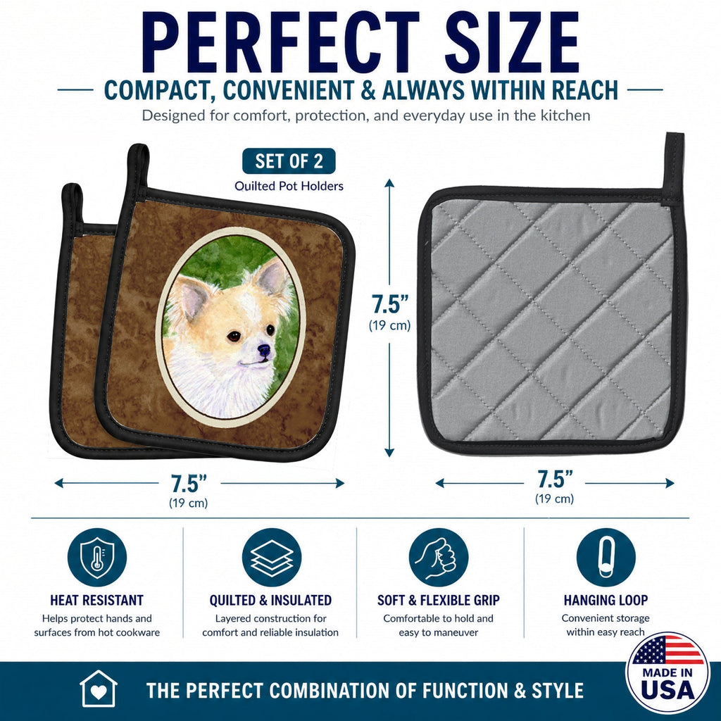 Chihuahua Pot Holder Set of 2 Heat Resistant Quilted Hot Pads 7.5 x 7.5 Inch, Insulated Kitchen Trivets for Cooking & Baking