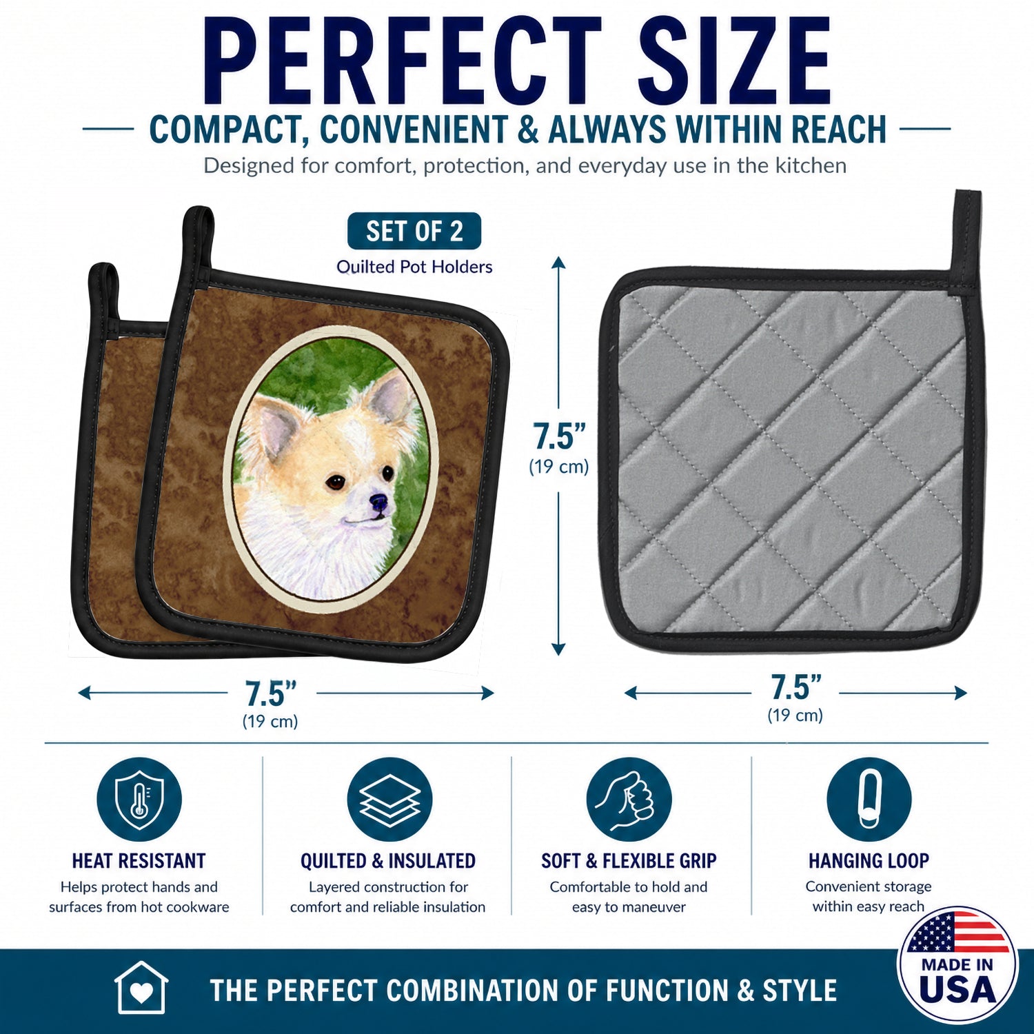 Chihuahua Pot Holder Set of 2 Heat Resistant Quilted Hot Pads 7.5 x 7.5 Inch, Insulated Kitchen Trivets for Cooking & Baking
