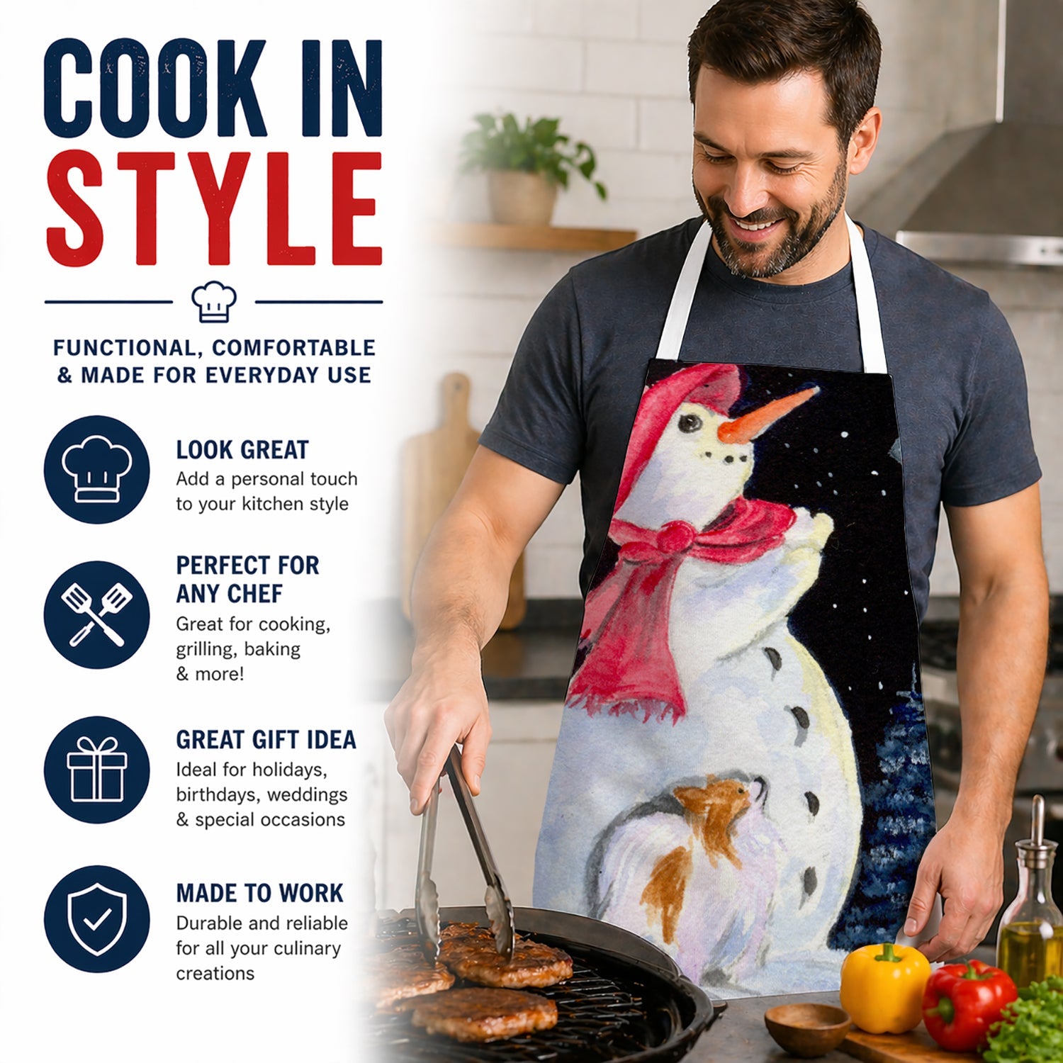 Snowman with Papillon Apron Cooking Kitchen Server Baking Crafts Gardening for Adult Women Men, Unisex, Large, Multicolor