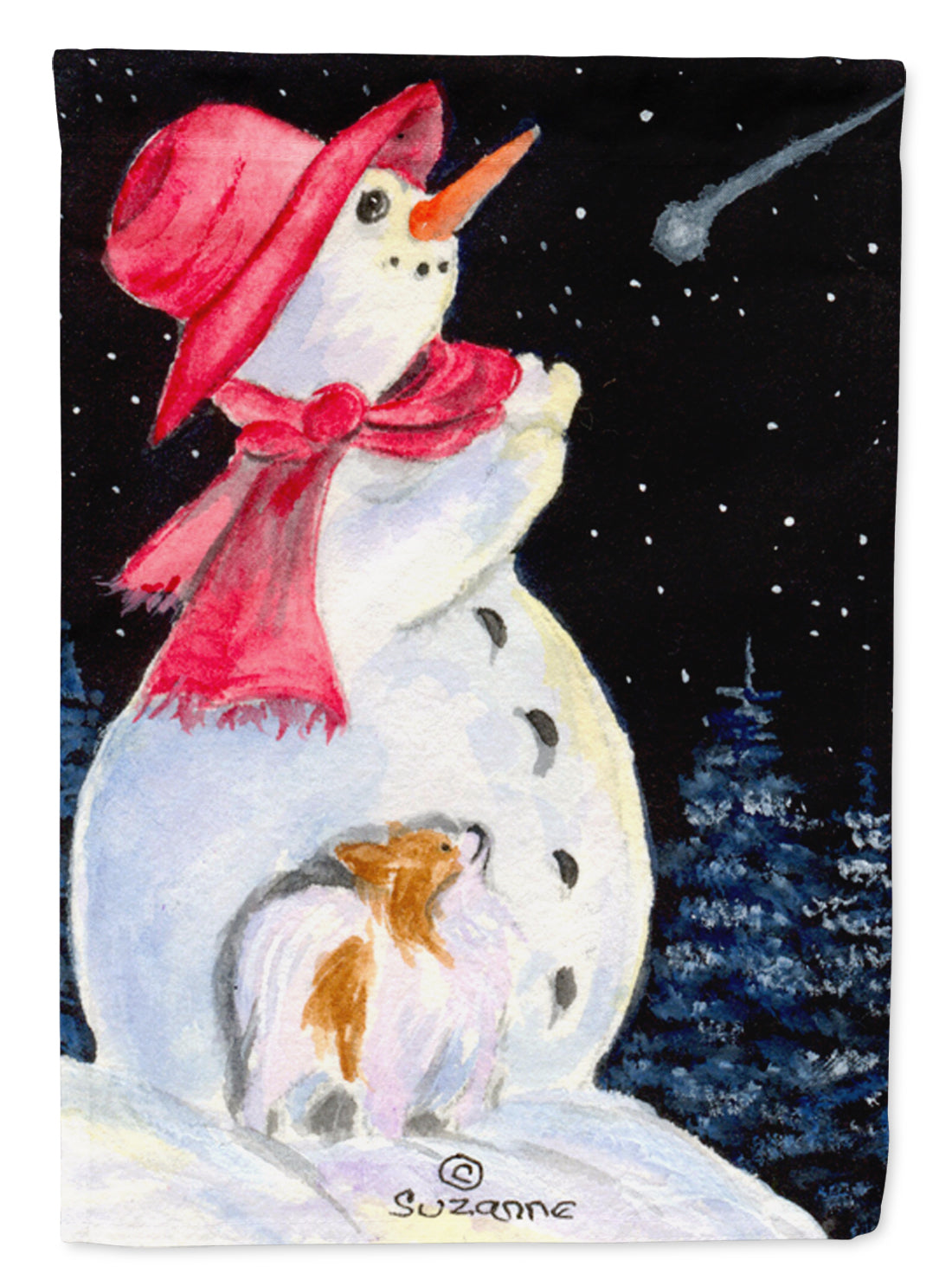Snowman with Papillon House Flag 28x40 Porch Sleeve Pole Decorative Outside Yard Banner Artwork Wall Hanging, Polyester