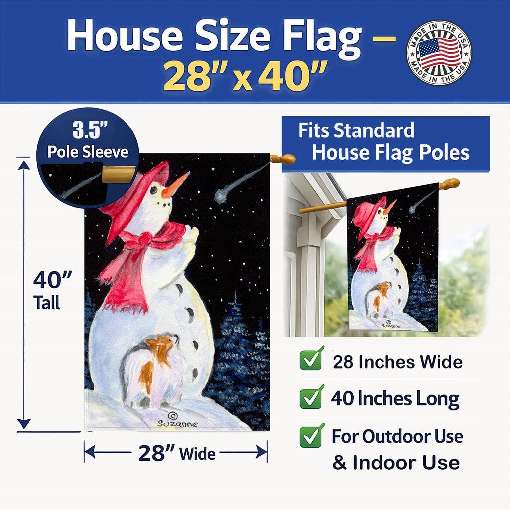Snowman with Papillon House Flag 28x40 Porch Sleeve Pole Decorative Outside Yard Banner Artwork Wall Hanging, Polyester
