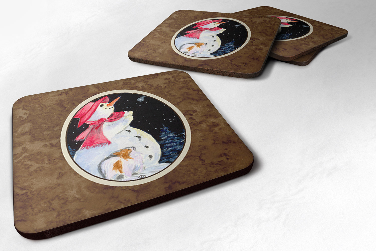 Snowman with Papillon Foam Coasters Set of 4 Cup Coasters for Indoor Outdoor, Tabletop Protection, Anti Slip, Mouse pad Material