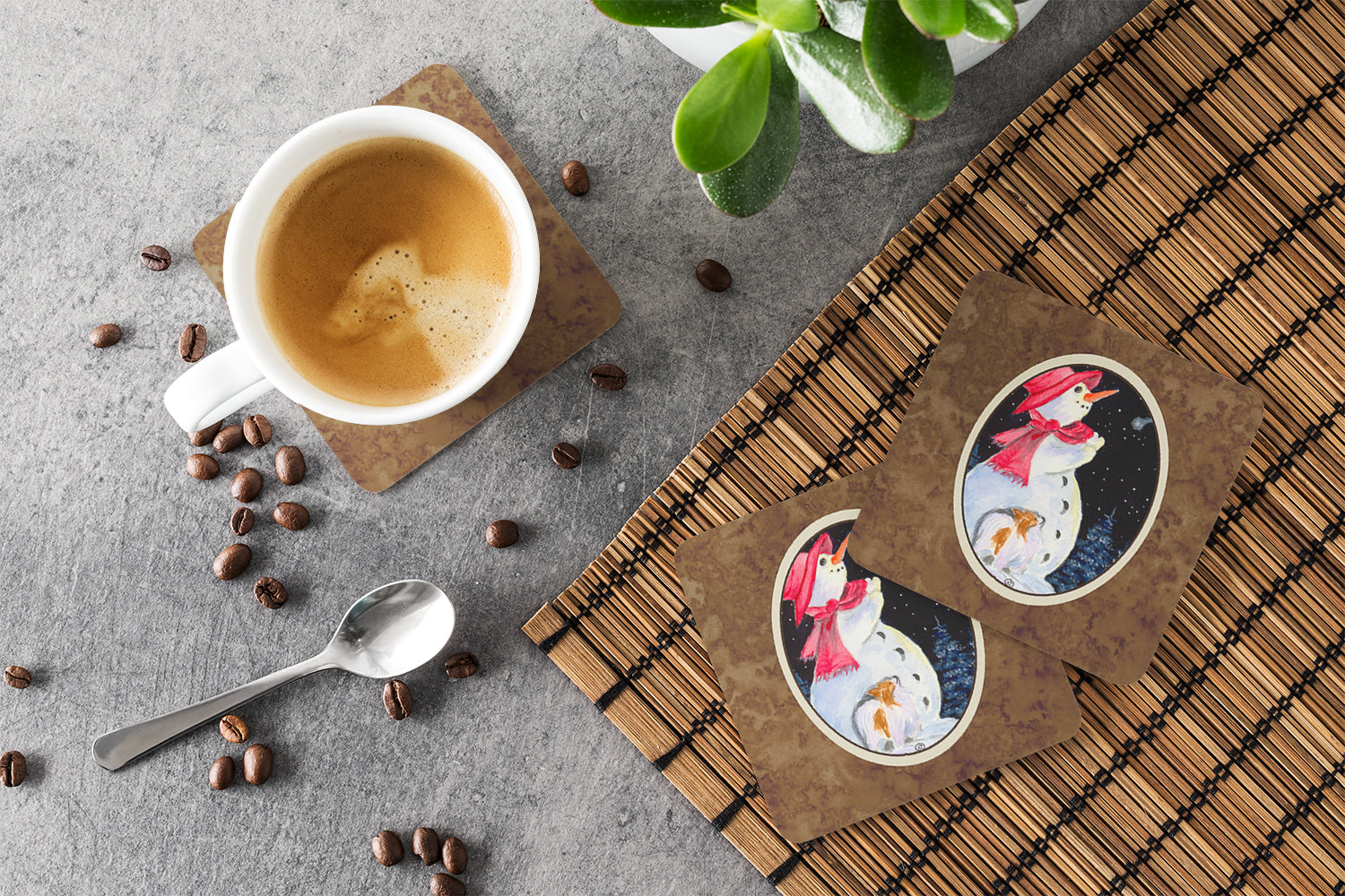 Snowman with Papillon Foam Coasters Set of 4 Cup Coasters for Indoor Outdoor, Tabletop Protection, Anti Slip, Mouse pad Material
