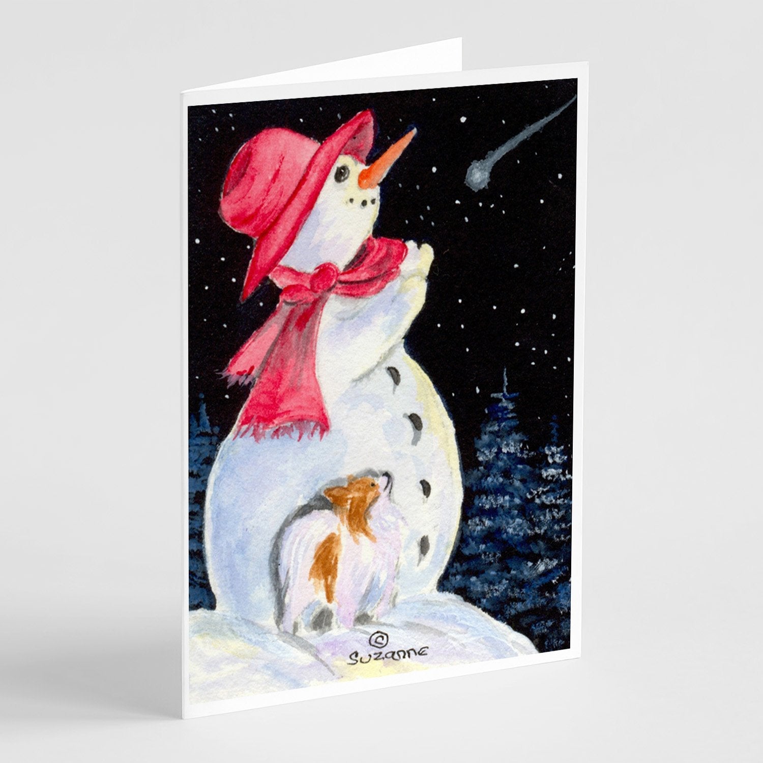 Snowman with Papillon Greeting Cards Pack of 8 Blank Cards with Envelopes Whimsical A7 Size 5x7