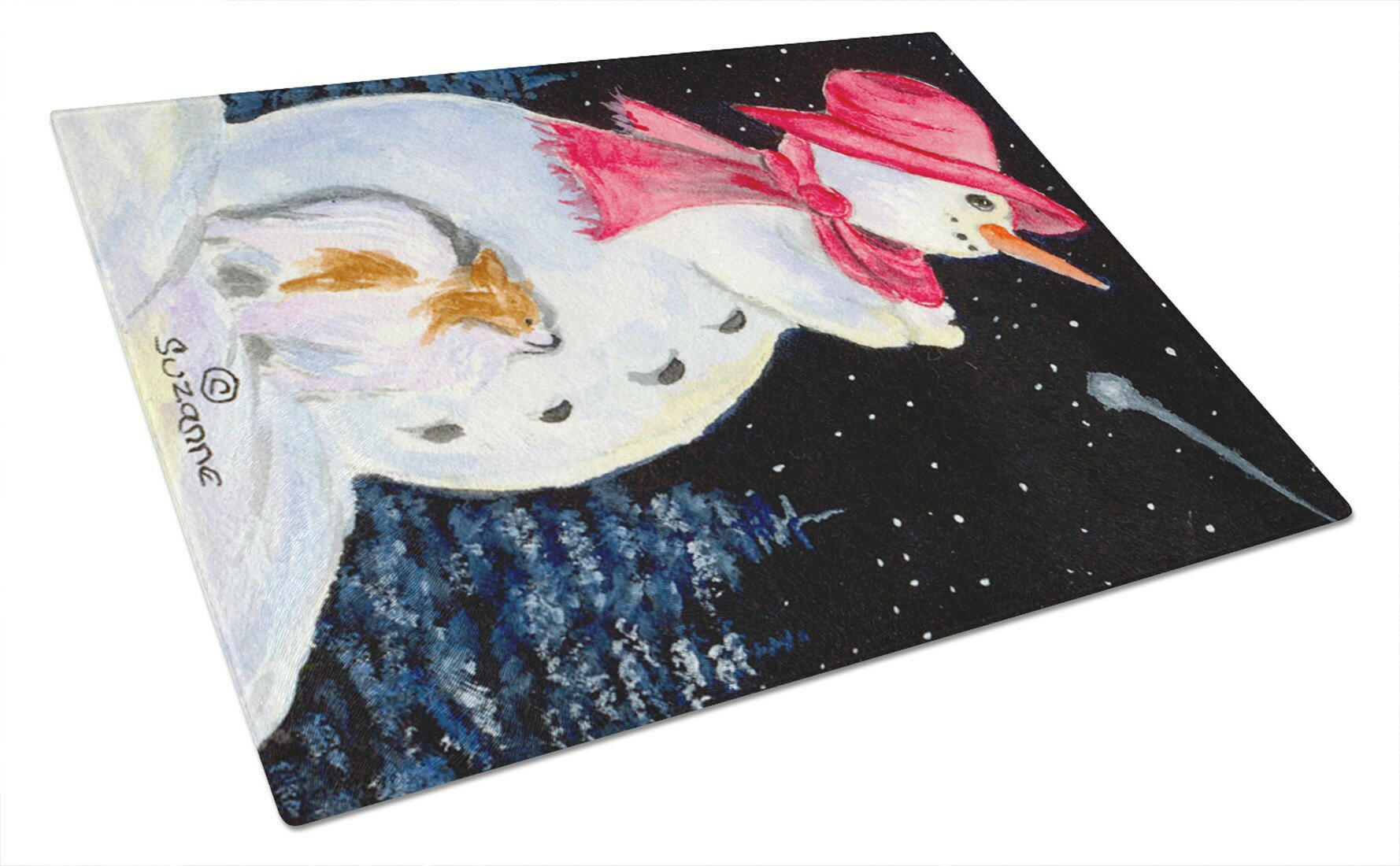 Snowman with Papillon Cutting Board Tempered Glass Kitchen Cutting Surface, Heat Resistant Chopping, Non-Slip Feet, Food Prep & Serving