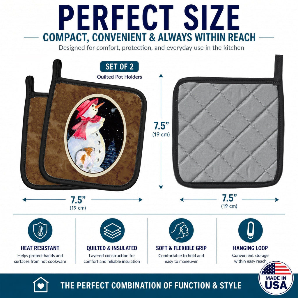Snowman with Papillon Pot Holder Set of 2 Heat Resistant Quilted Hot Pads 7.5 x 7.5 Inch, Insulated Kitchen Trivets for Cooking & Baking