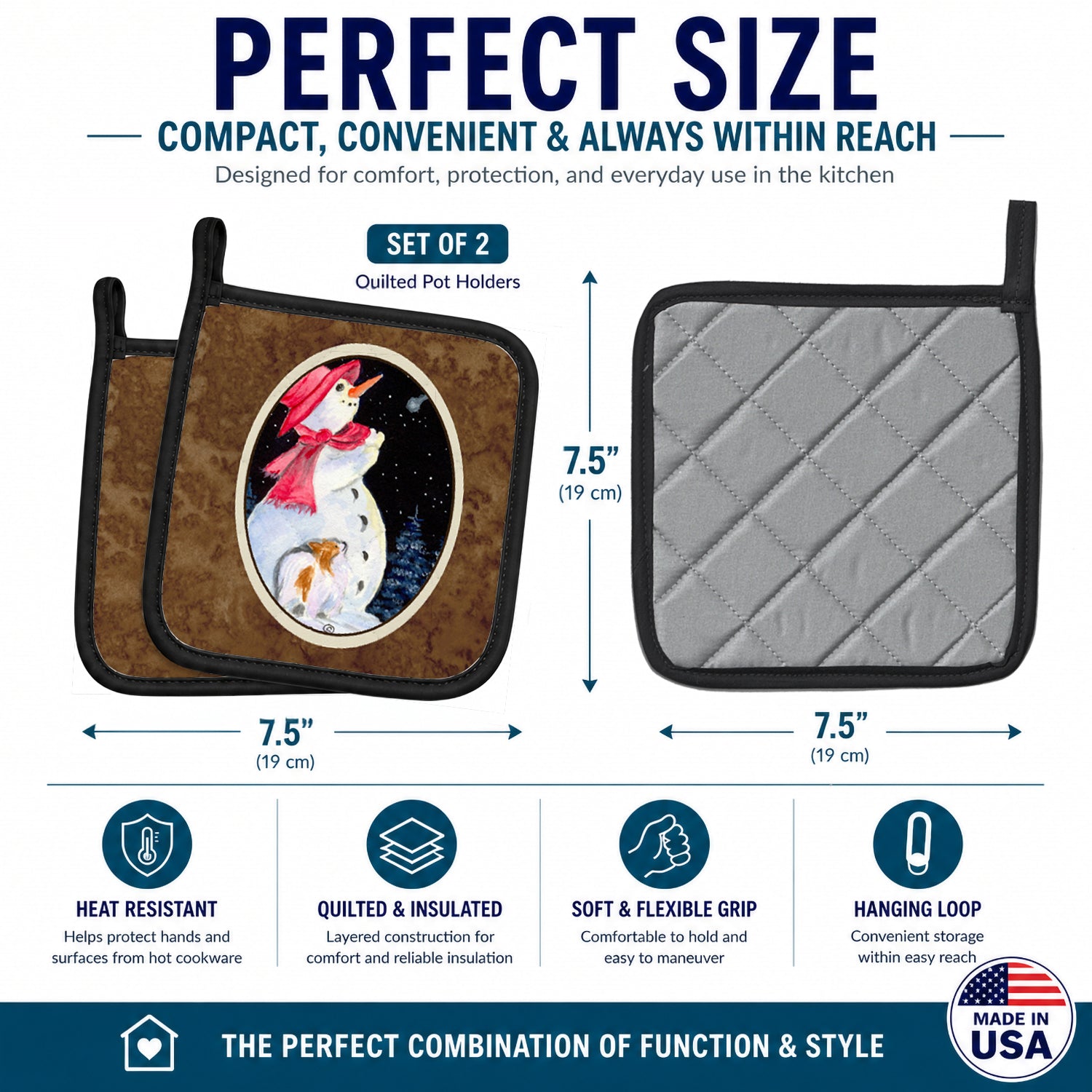 Snowman with Papillon Pot Holder Set of 2 Heat Resistant Quilted Hot Pads 7.5 x 7.5 Inch, Insulated Kitchen Trivets for Cooking & Baking