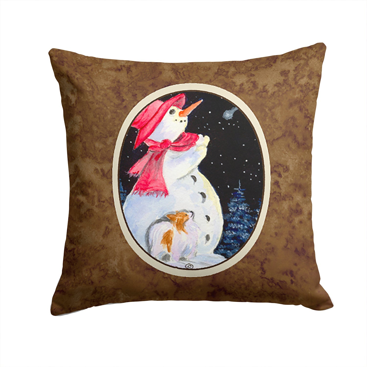 Snowman with Papillon Decorative Throw Pillow 14x14 Indoor Outdoor Accent Cushion, Fabric Cover with Insert for Sofa, Bed, Porch & Living Room