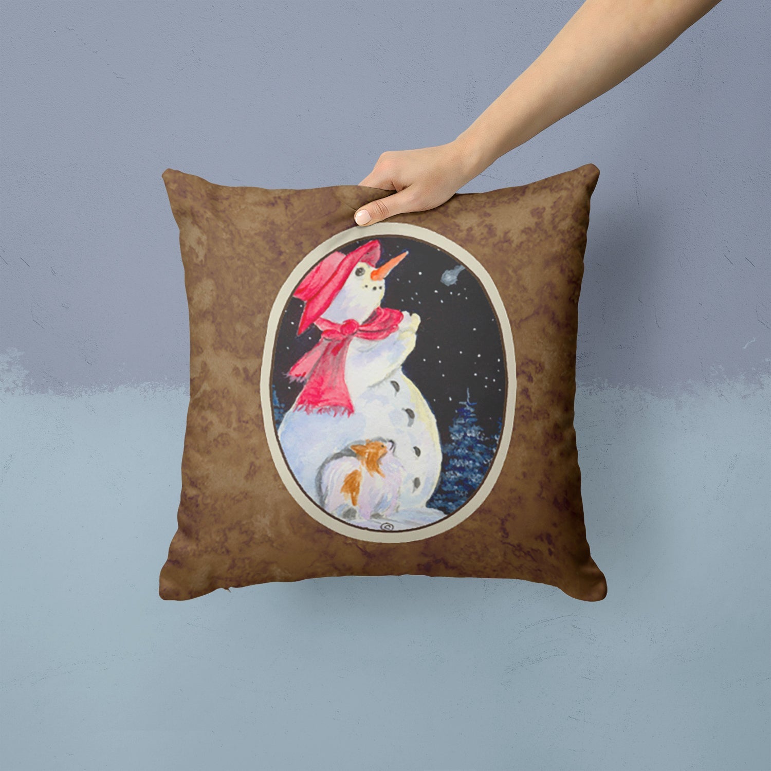 Snowman with Papillon Decorative Throw Pillow 14x14 Indoor Outdoor Accent Cushion, Fabric Cover with Insert for Sofa, Bed, Porch & Living Room