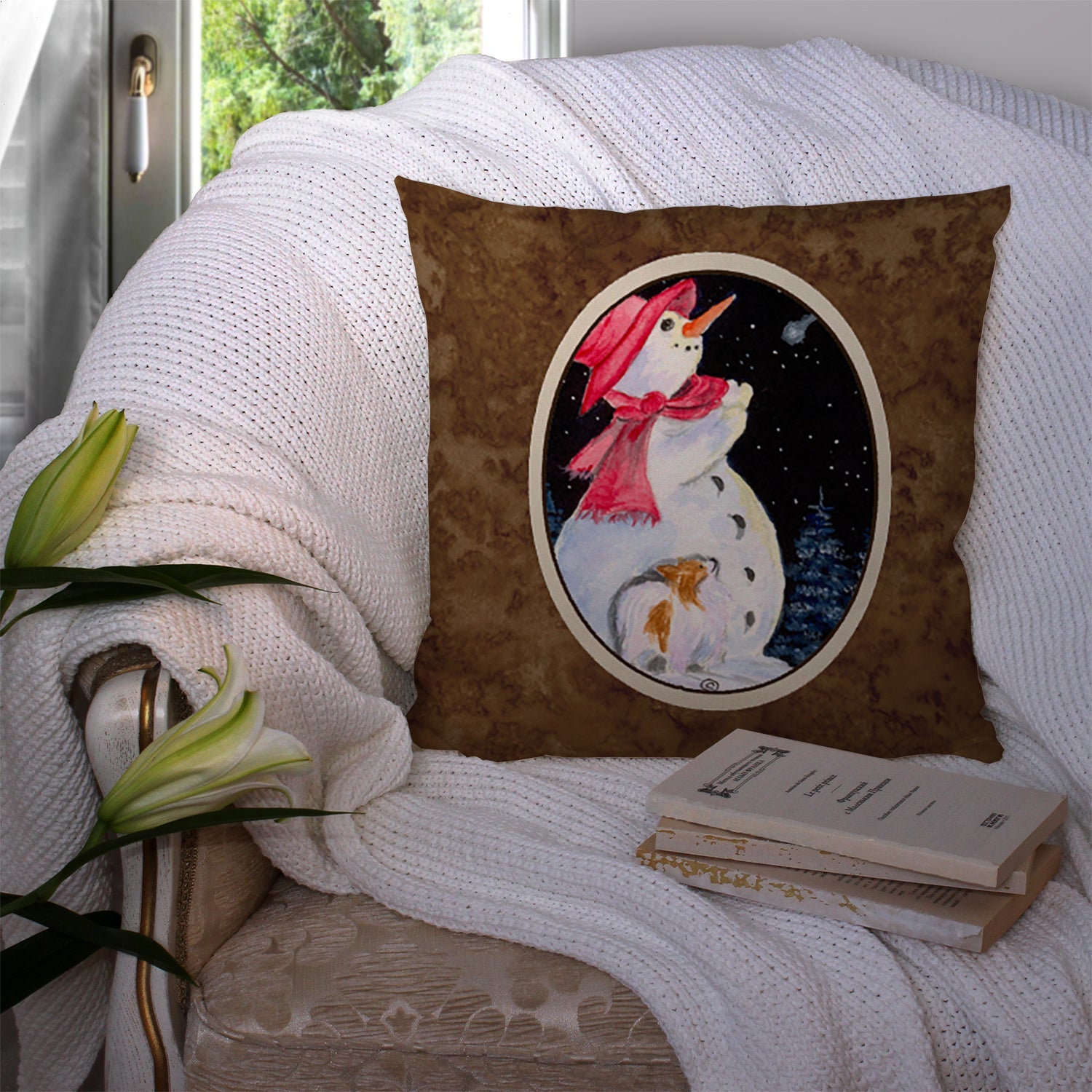 Snowman with Papillon Decorative Throw Pillow 14x14 Indoor Outdoor Accent Cushion, Fabric Cover with Insert for Sofa, Bed, Porch & Living Room