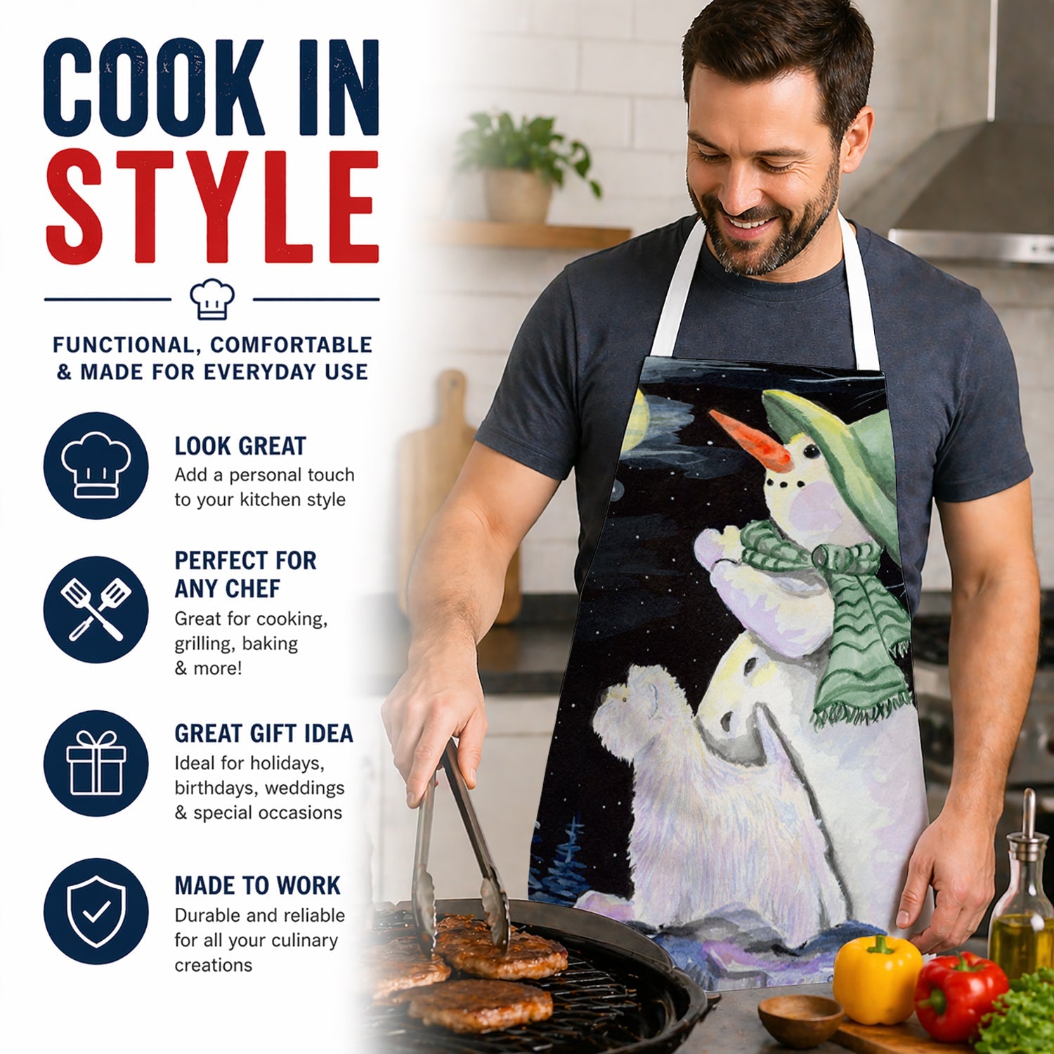 Snowman with Westie Apron Cooking Kitchen Server Baking Crafts Gardening for Adult Women Men, Unisex, Large, Multicolor