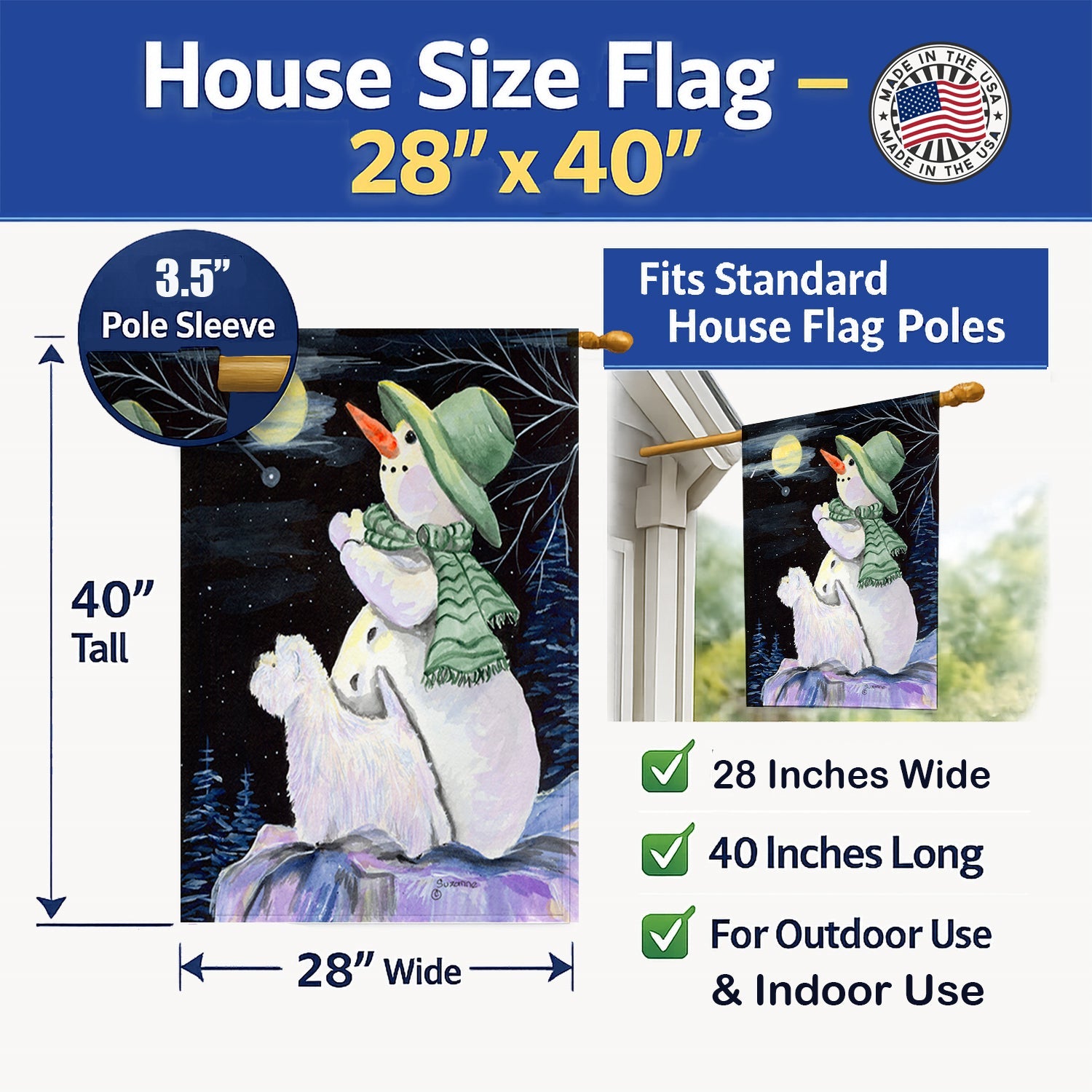 Snowman with Westie House Flag 28x40 Porch Sleeve Pole Decorative Outside Yard Banner Artwork Wall Hanging, Polyester