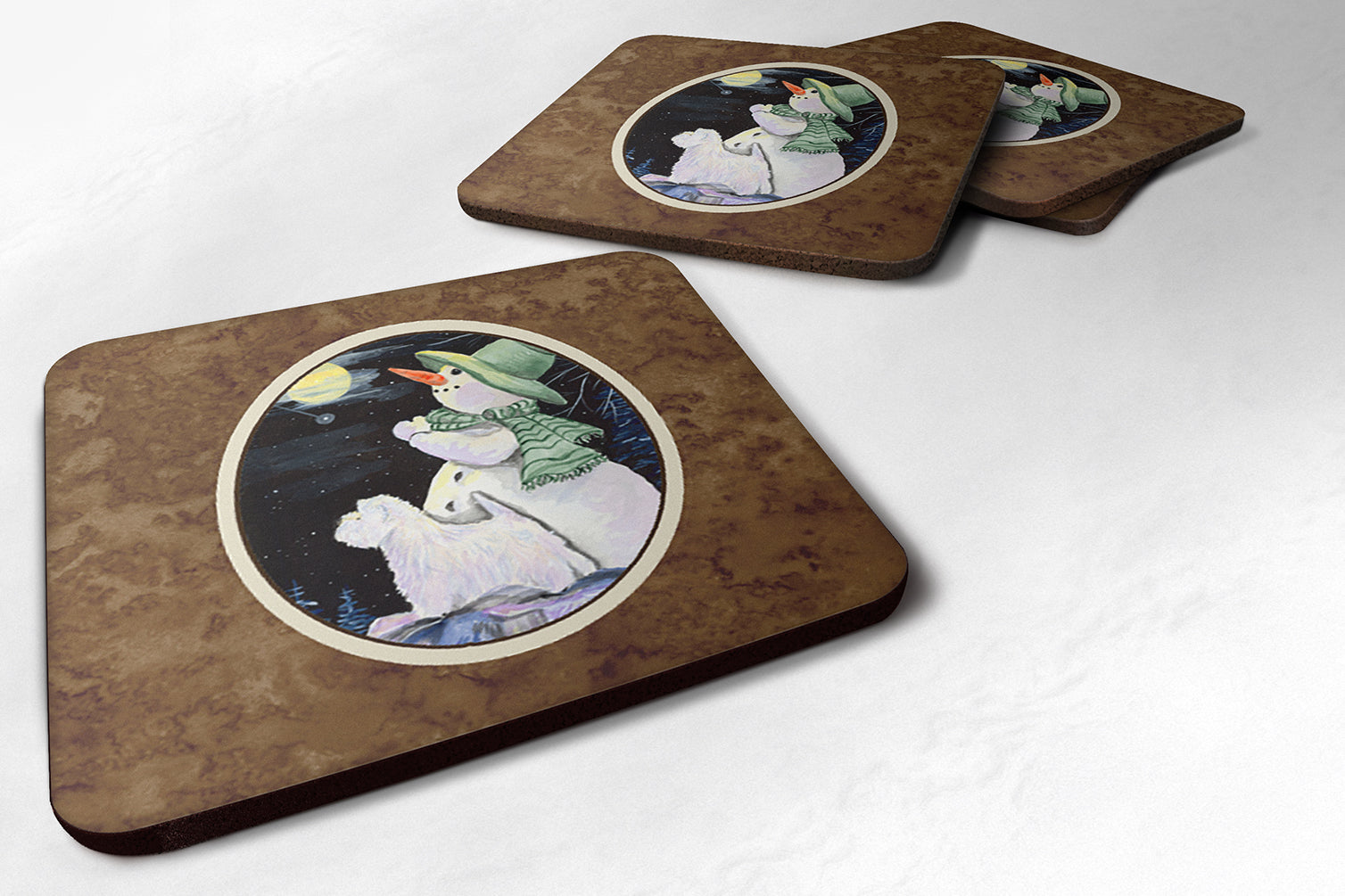 Snowman with Westie Foam Coasters Set of 4 Cup Coasters for Indoor Outdoor, Tabletop Protection, Anti Slip, Mouse pad Material