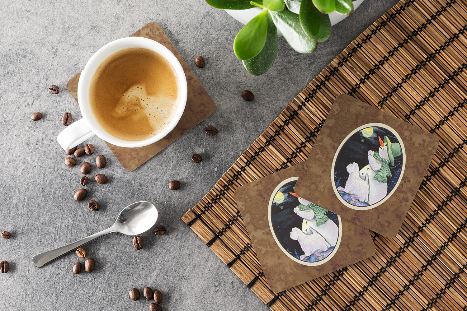 Snowman with Westie Foam Coasters Set of 4 Cup Coasters for Indoor Outdoor, Tabletop Protection, Anti Slip, Mouse pad Material
