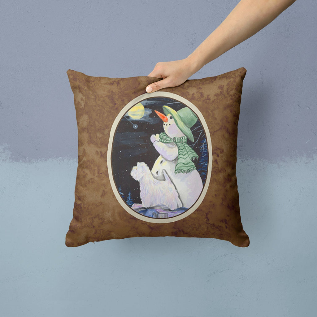 Snowman with Westie Decorative Throw Pillow 14x14 Indoor Outdoor Accent Cushion, Fabric Cover with Insert for Sofa, Bed, Porch & Living Room