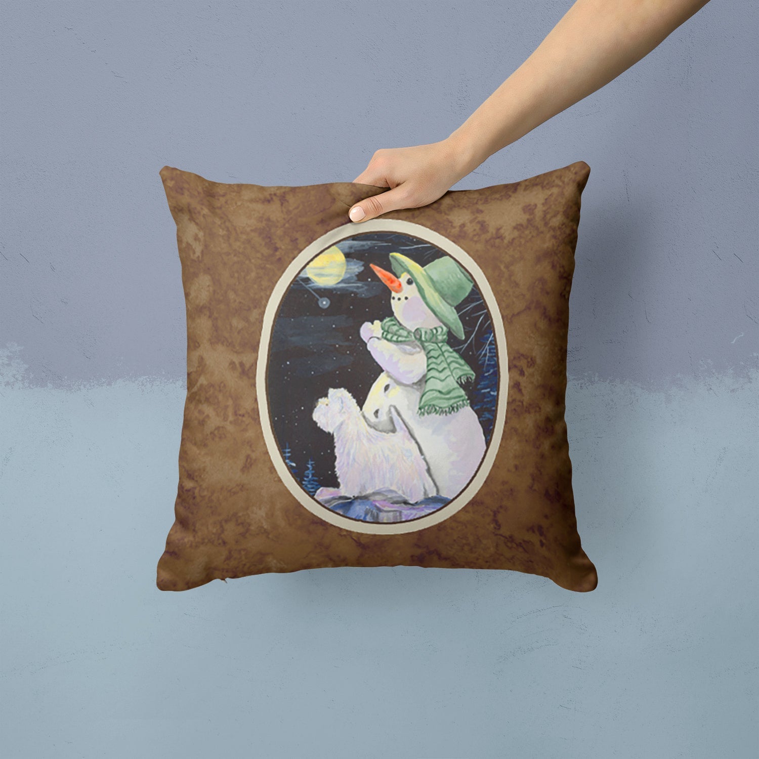Snowman with Westie Decorative Throw Pillow 14x14 Indoor Outdoor Accent Cushion, Fabric Cover with Insert for Sofa, Bed, Porch & Living Room