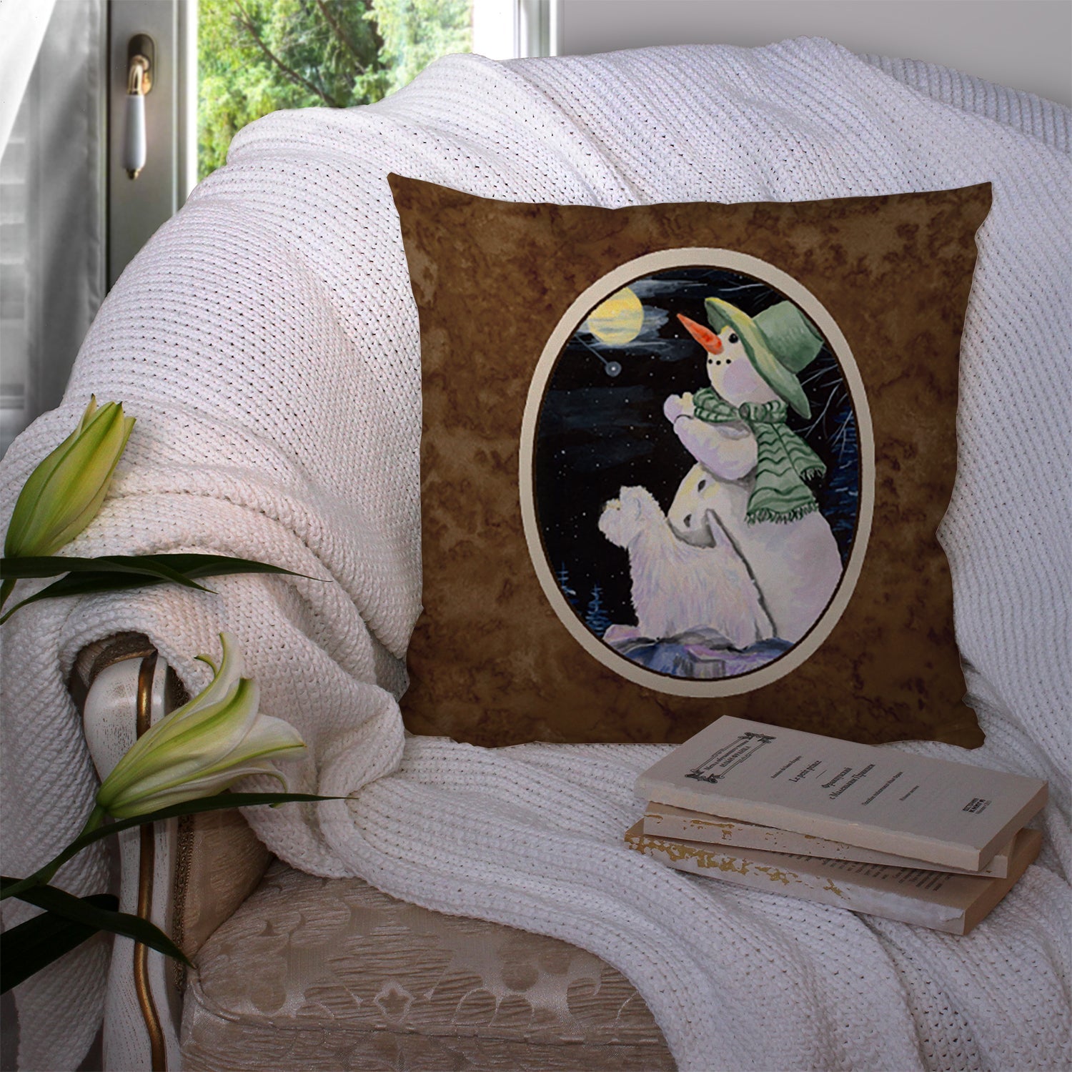 Snowman with Westie Decorative Throw Pillow 14x14 Indoor Outdoor Accent Cushion, Fabric Cover with Insert for Sofa, Bed, Porch & Living Room