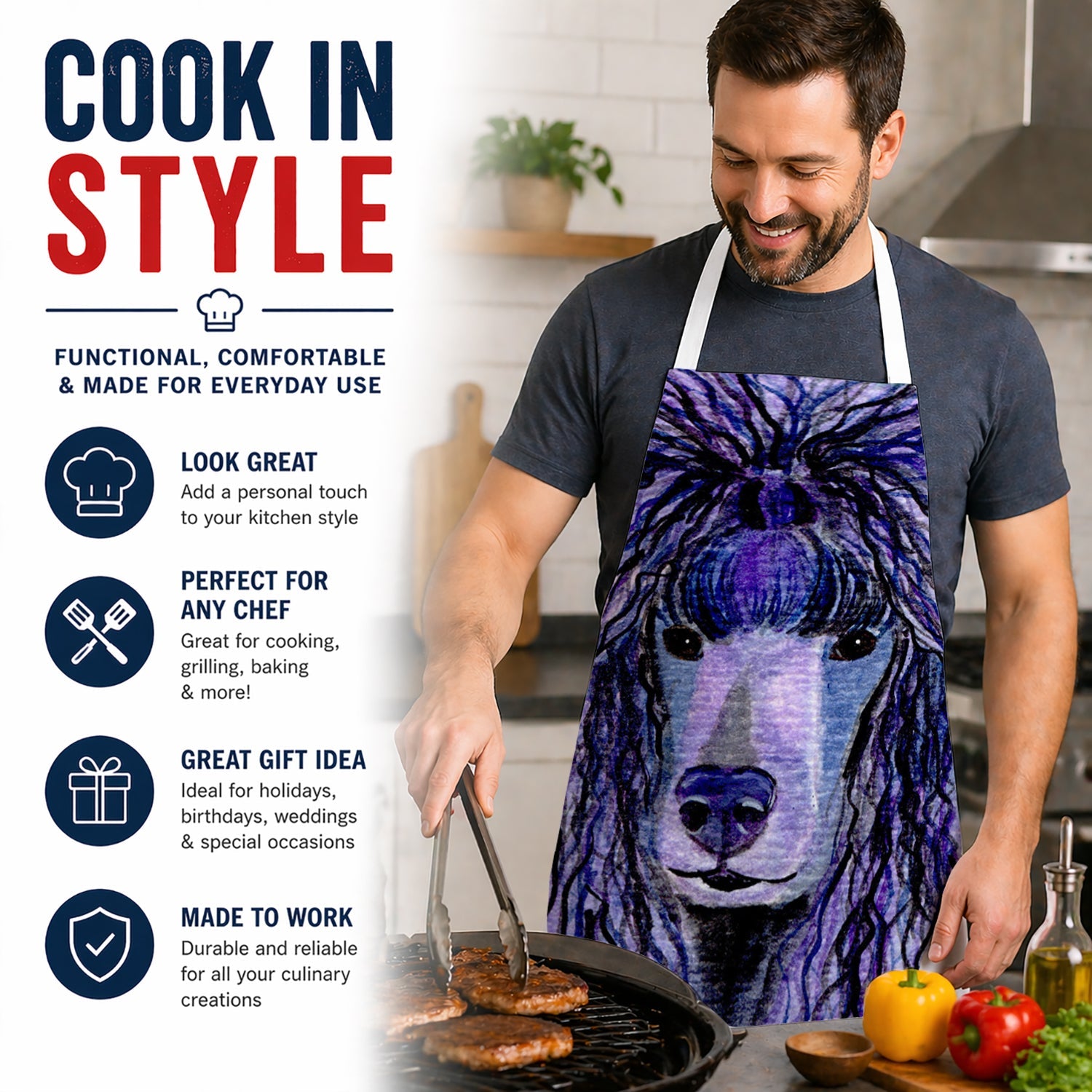 Poodle Apron Cooking Kitchen Server Baking Crafts Gardening for Adult Women Men, Unisex, Large, Multicolor