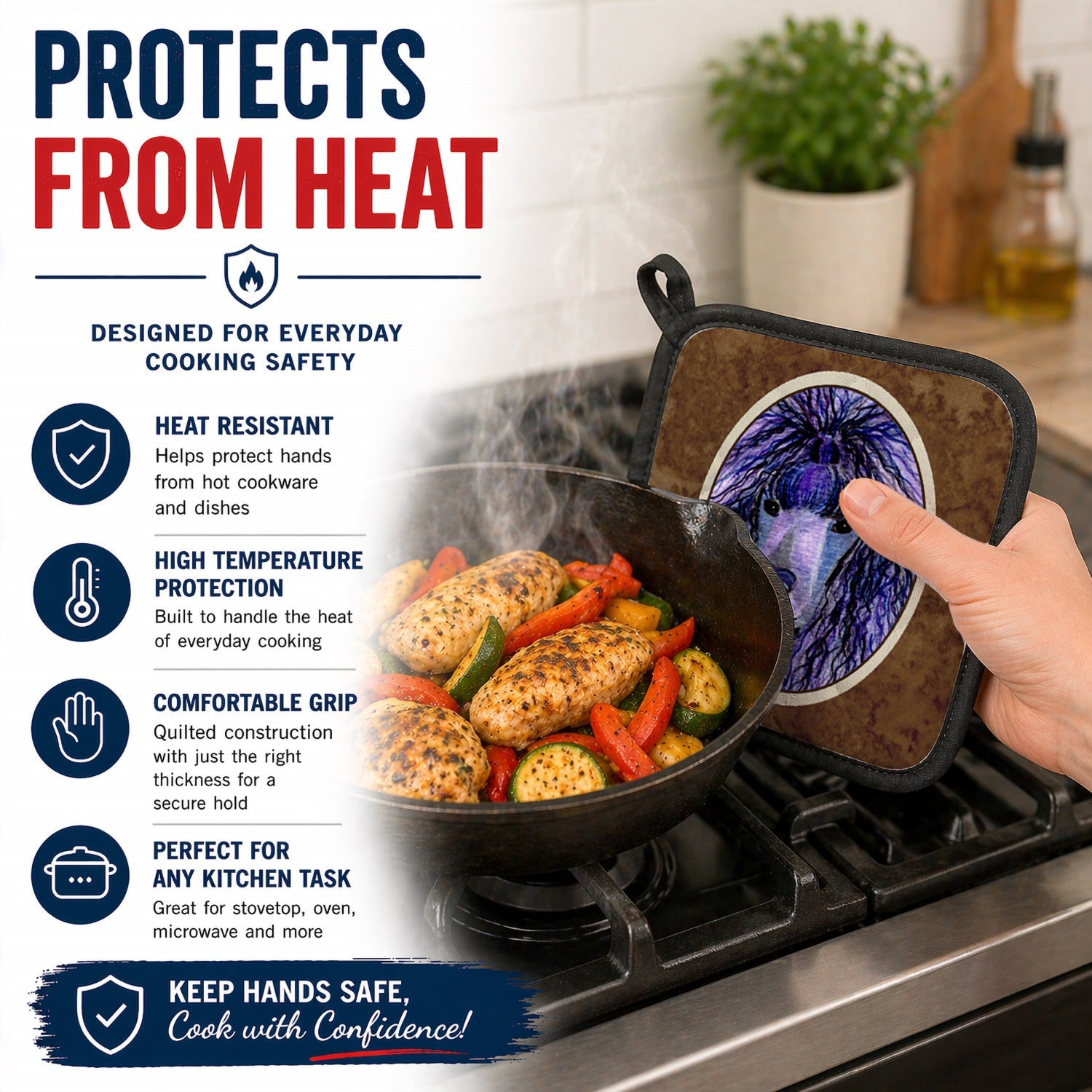 Poodle Pot Holder Set of 2 Heat Resistant Quilted Hot Pads 7.5 x 7.5 Inch, Insulated Kitchen Trivets for Cooking & Baking