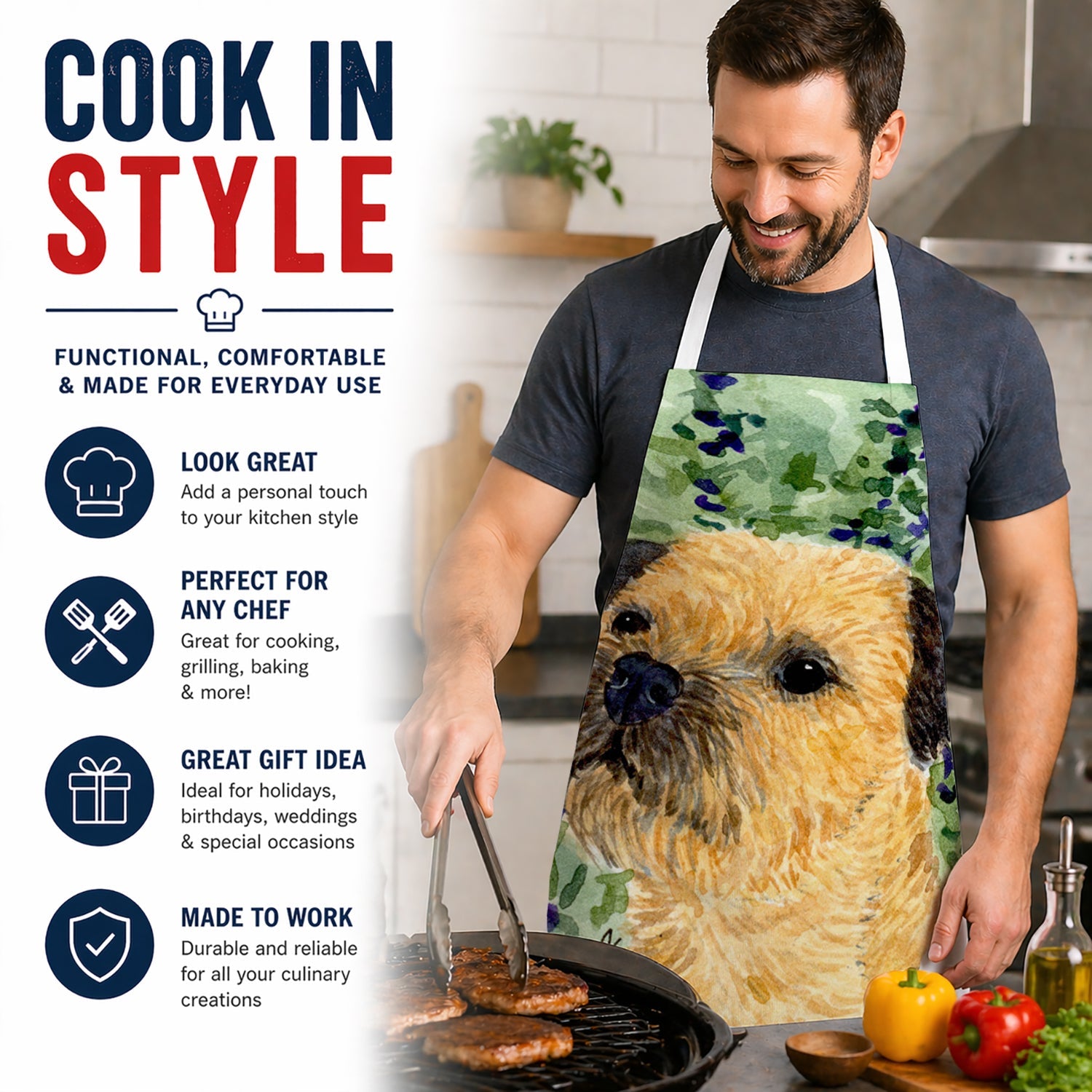 Border Terrier Apron Cooking Kitchen Server Baking Crafts Gardening for Adult Women Men, Unisex, Large, Multicolor
