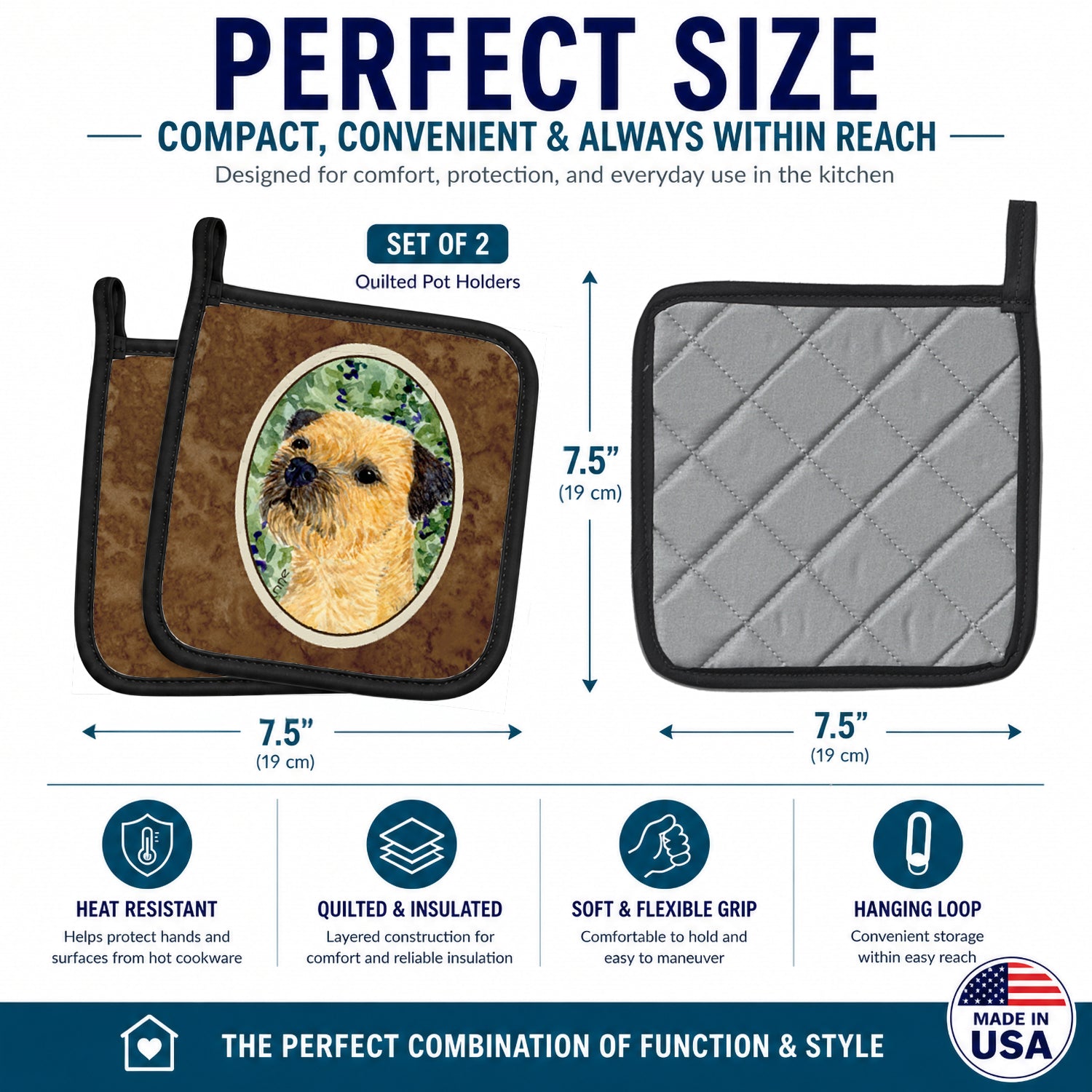 Border Terrier Pot Holder Set of 2 Heat Resistant Quilted Hot Pads 7.5 x 7.5 Inch, Insulated Kitchen Trivets for Cooking & Baking