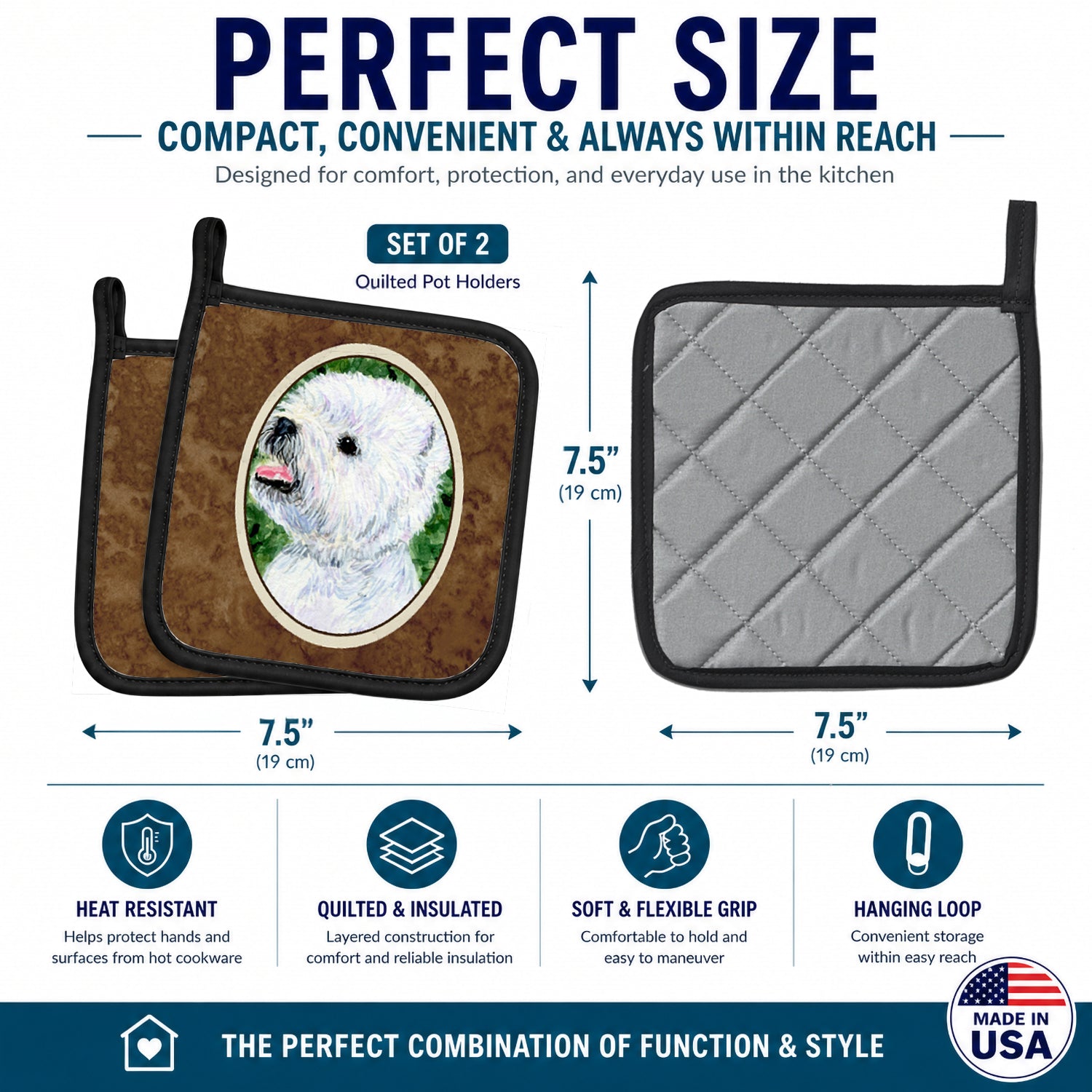 Westie Pot Holder Set of 2 Heat Resistant Quilted Hot Pads 7.5 x 7.5 Inch, Insulated Kitchen Trivets for Cooking & Baking