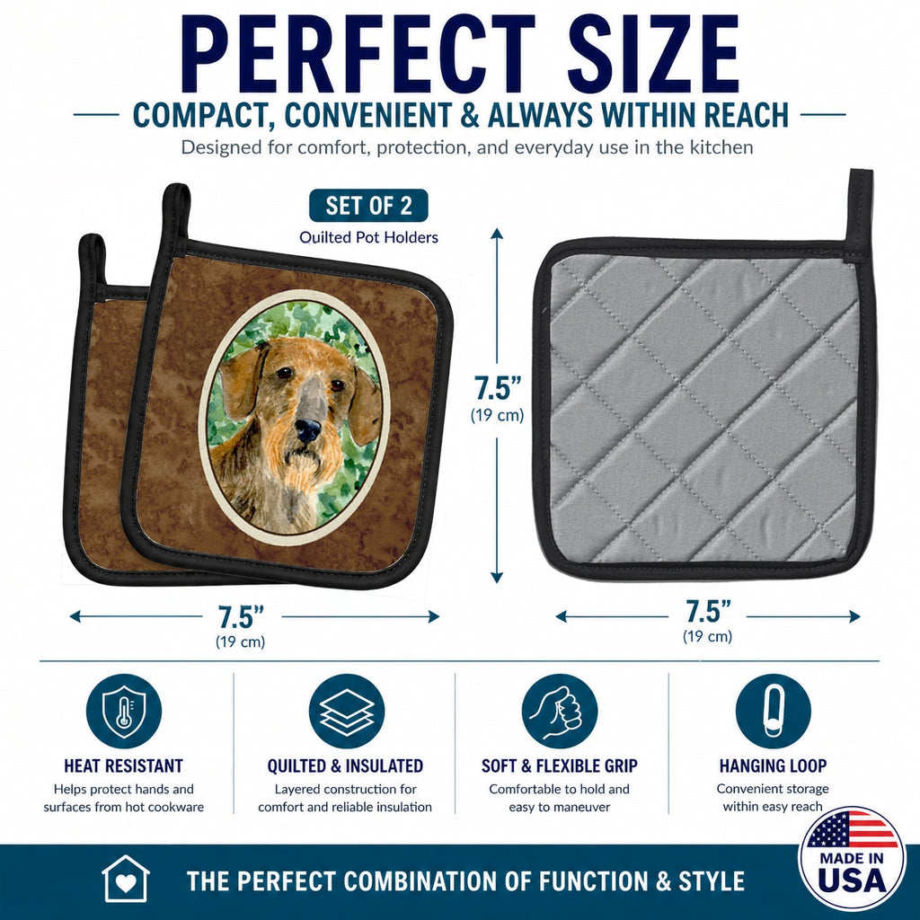 Dachshund Pot Holder Set of 2 Heat Resistant Quilted Hot Pads 7.5 x 7.5 Inch, Insulated Kitchen Trivets for Cooking & Baking