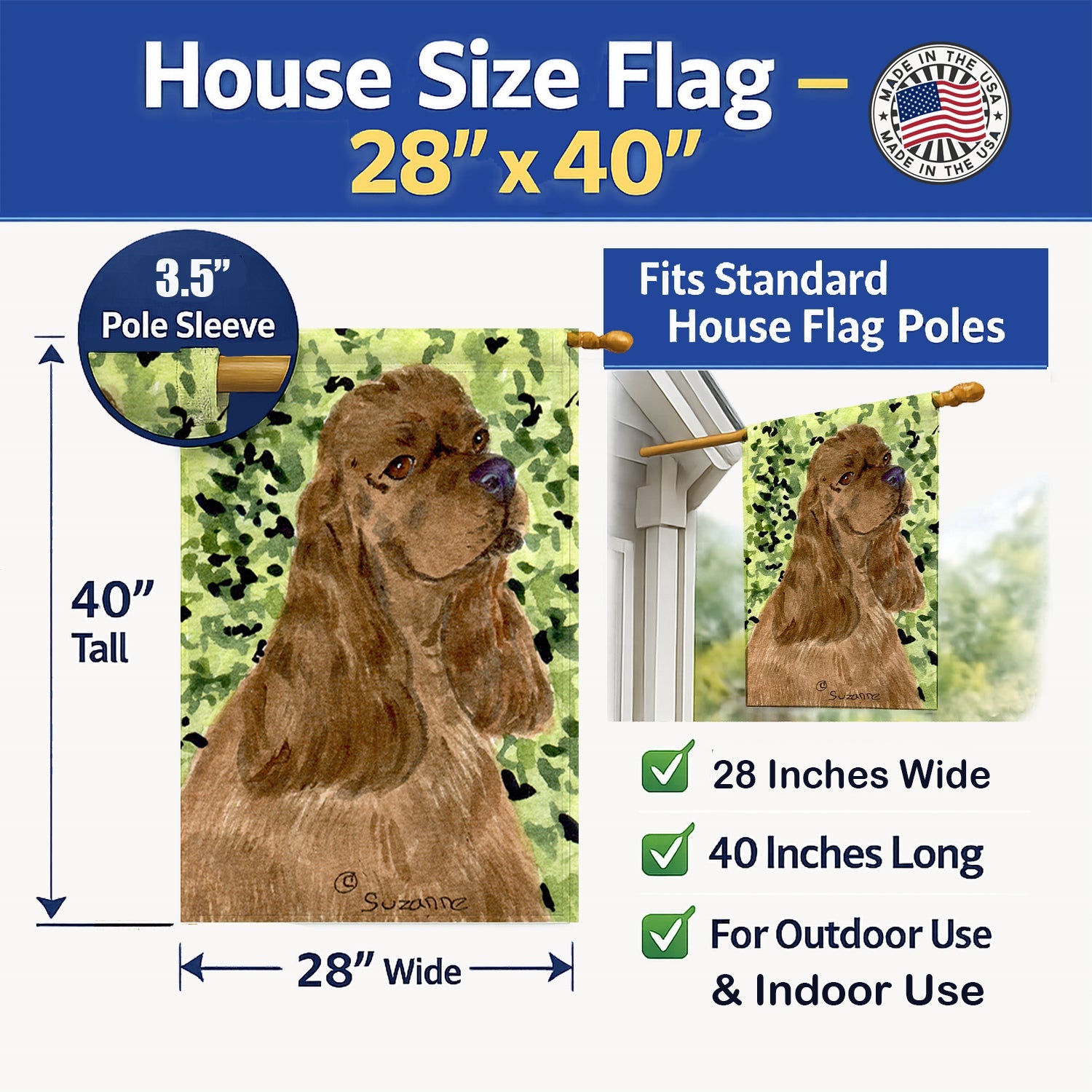 Cocker Spaniel House Flag 28x40 Porch Sleeve Pole Decorative Outside Yard Banner Artwork Wall Hanging, Polyester