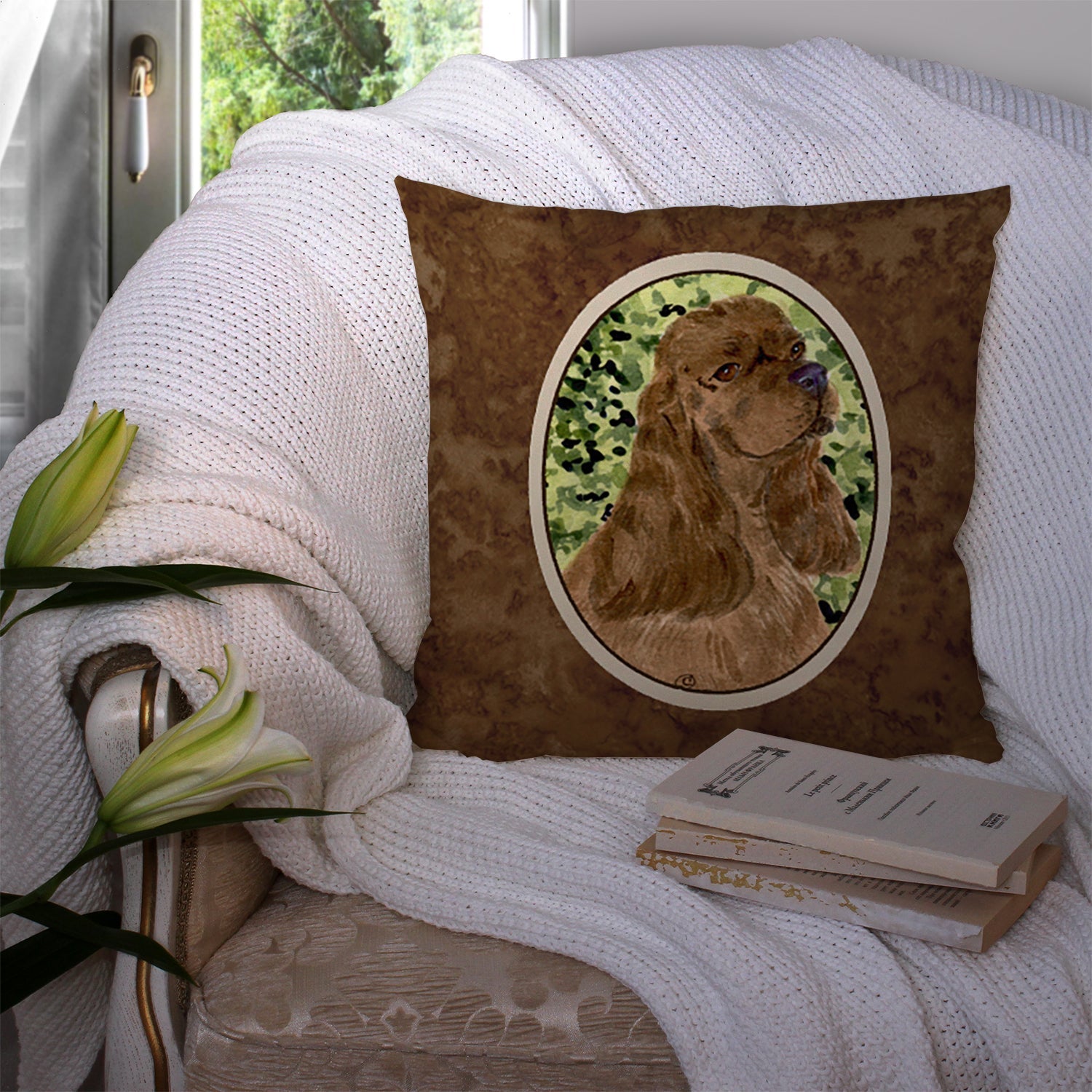 Cocker Spaniel Decorative Throw Pillow 14x14 Indoor Outdoor Accent Cushion, Fabric Cover with Insert for Sofa, Bed, Porch & Living Room