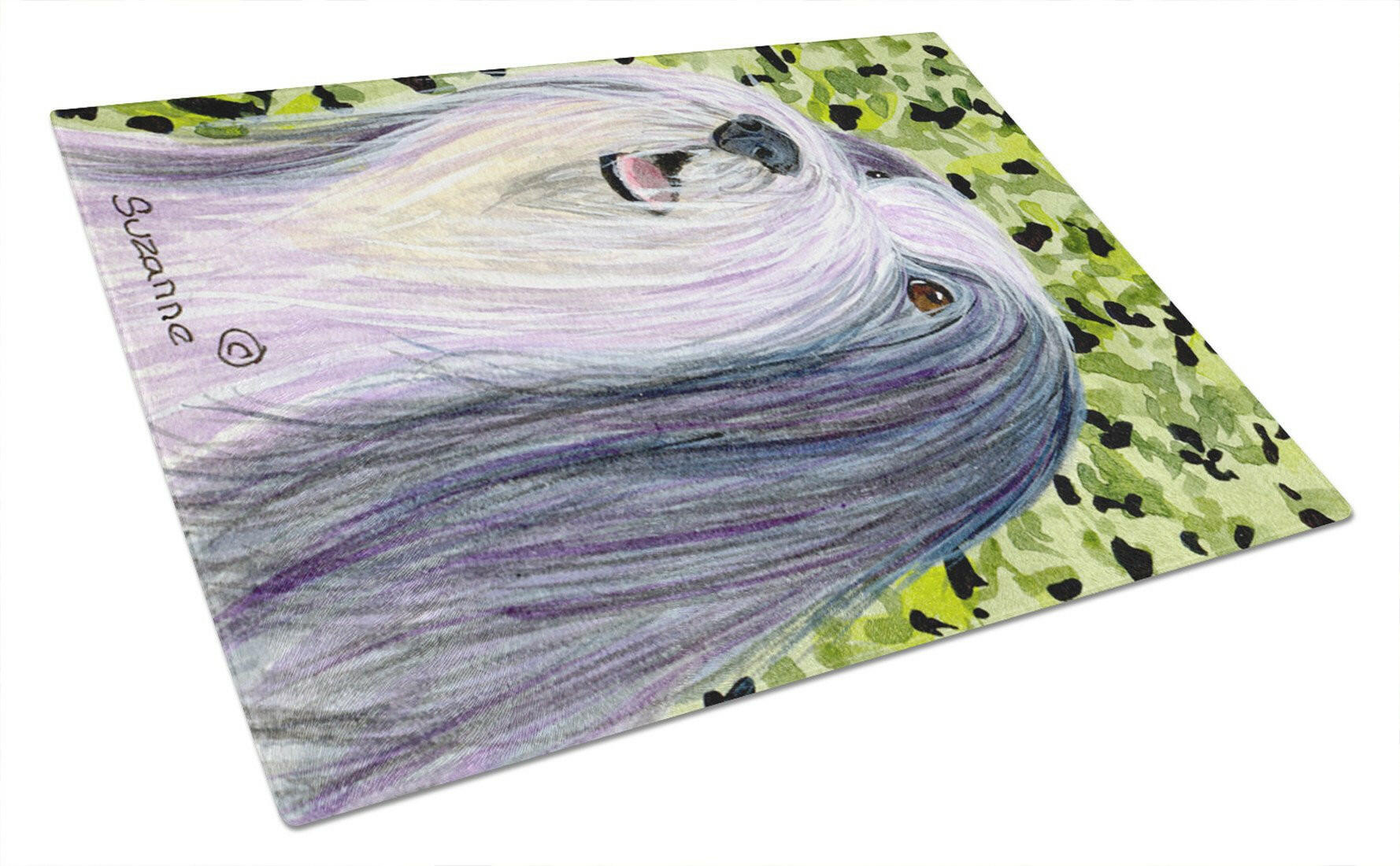 Bearded Collie Cutting Board Tempered Glass Kitchen Cutting Surface, Heat Resistant Chopping, Non-Slip Feet, Food Prep & Serving
