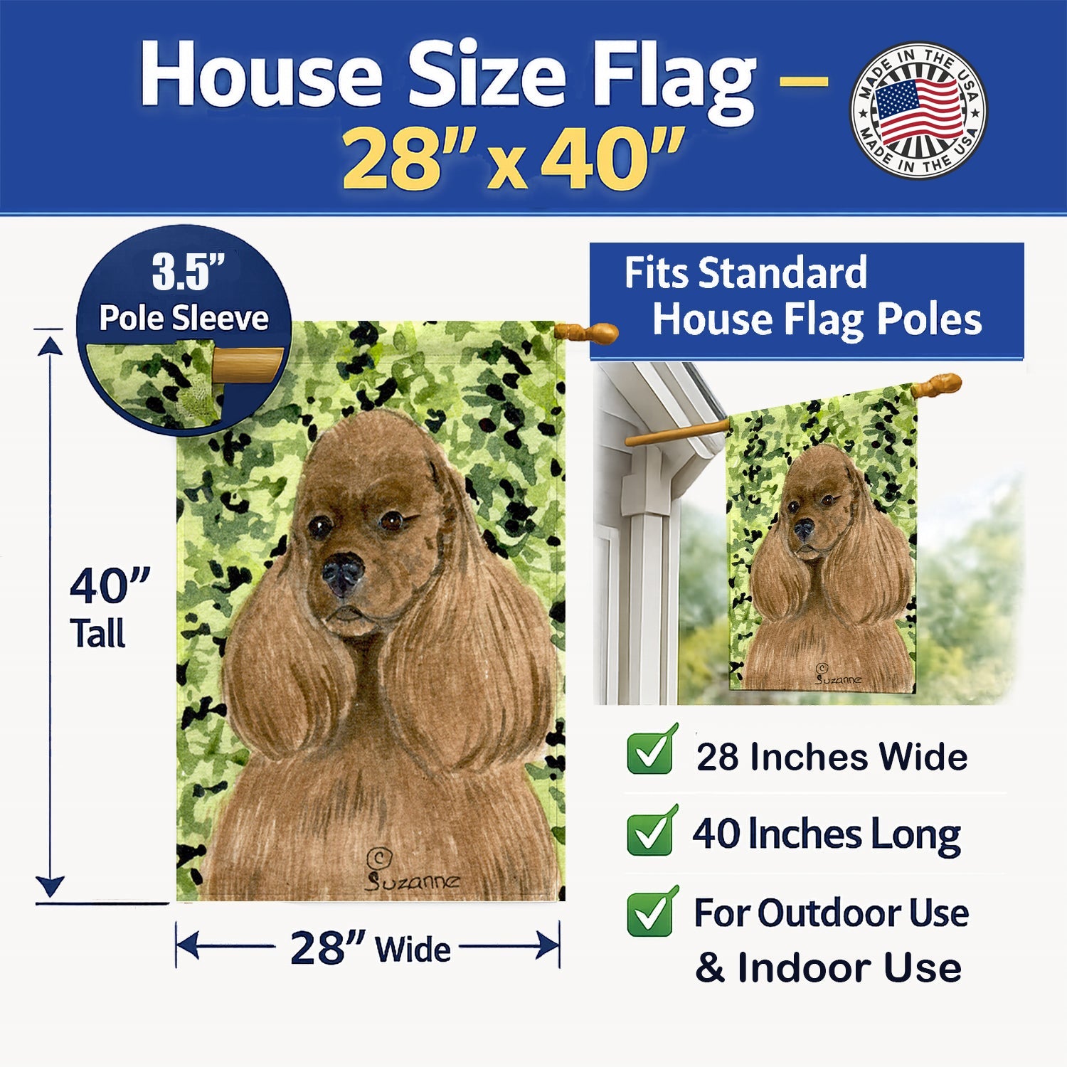Cocker Spaniel House Flag 28x40 Porch Sleeve Pole Decorative Outside Yard Banner Artwork Wall Hanging, Polyester