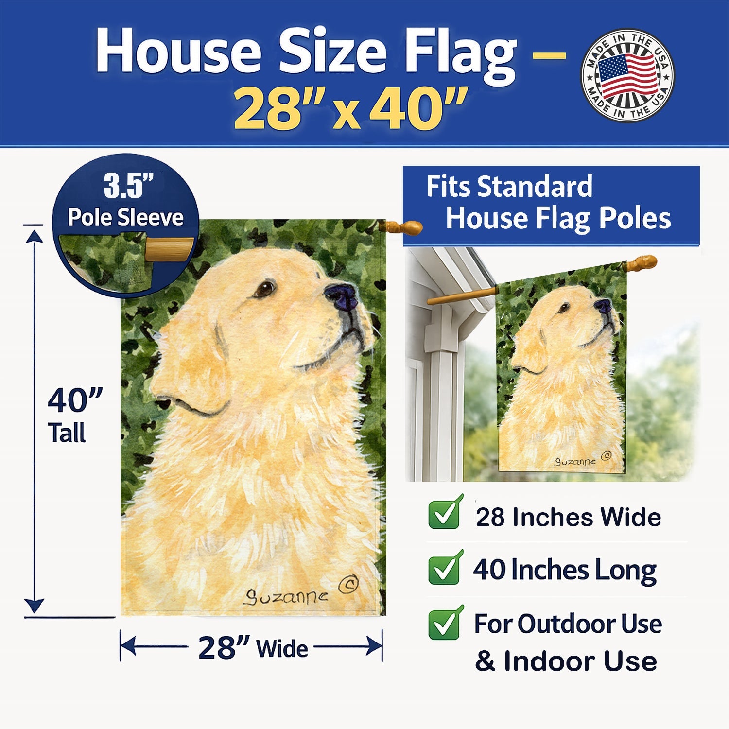 Golden Retriever House Flag 28x40 Porch Sleeve Pole Decorative Outside Yard Banner Artwork Wall Hanging, Polyester