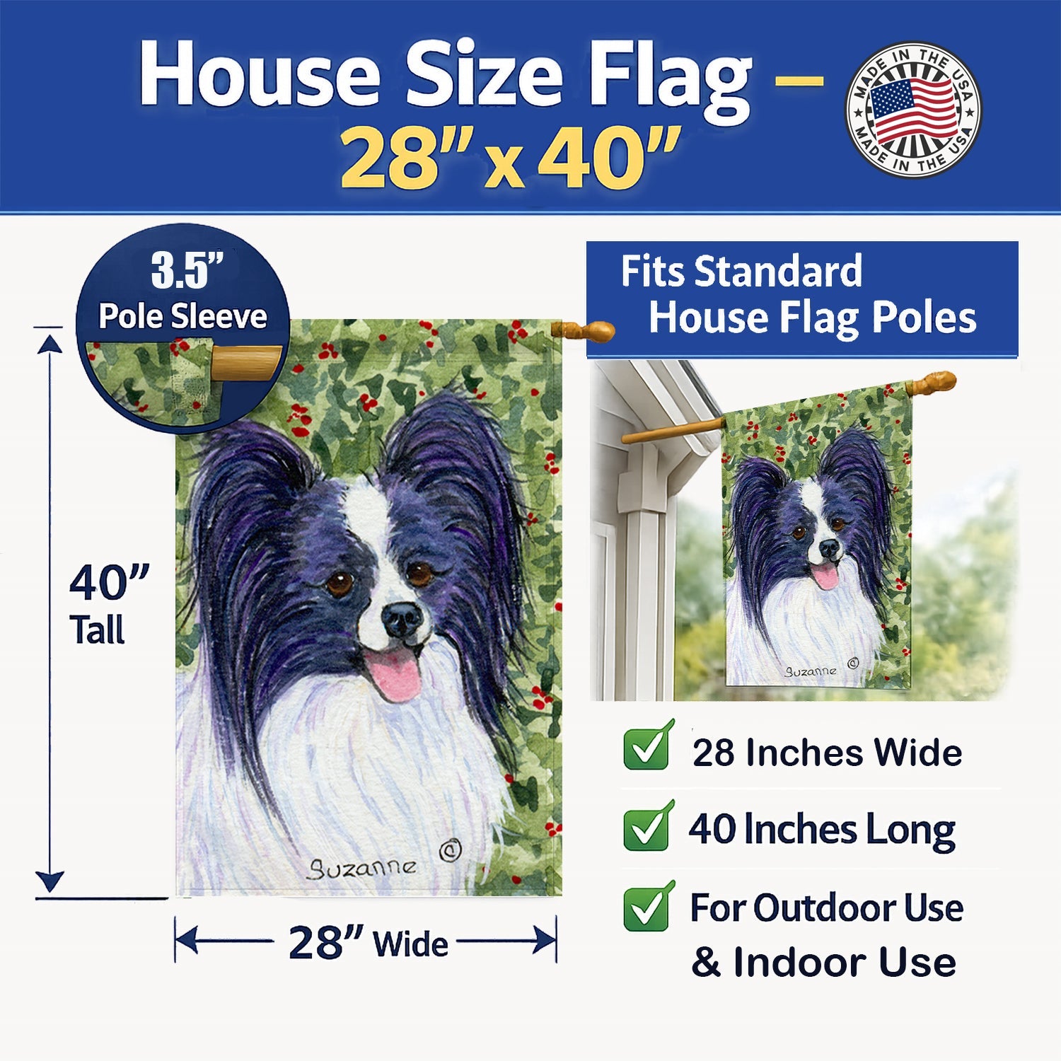 Papillon House Flag 28x40 Porch Sleeve Pole Decorative Outside Yard Banner Artwork Wall Hanging, Polyester