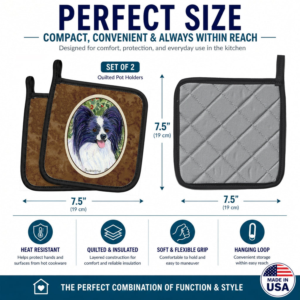 Papillon Pot Holder Set of 2 Heat Resistant Quilted Hot Pads 7.5 x 7.5 Inch, Insulated Kitchen Trivets for Cooking & Baking