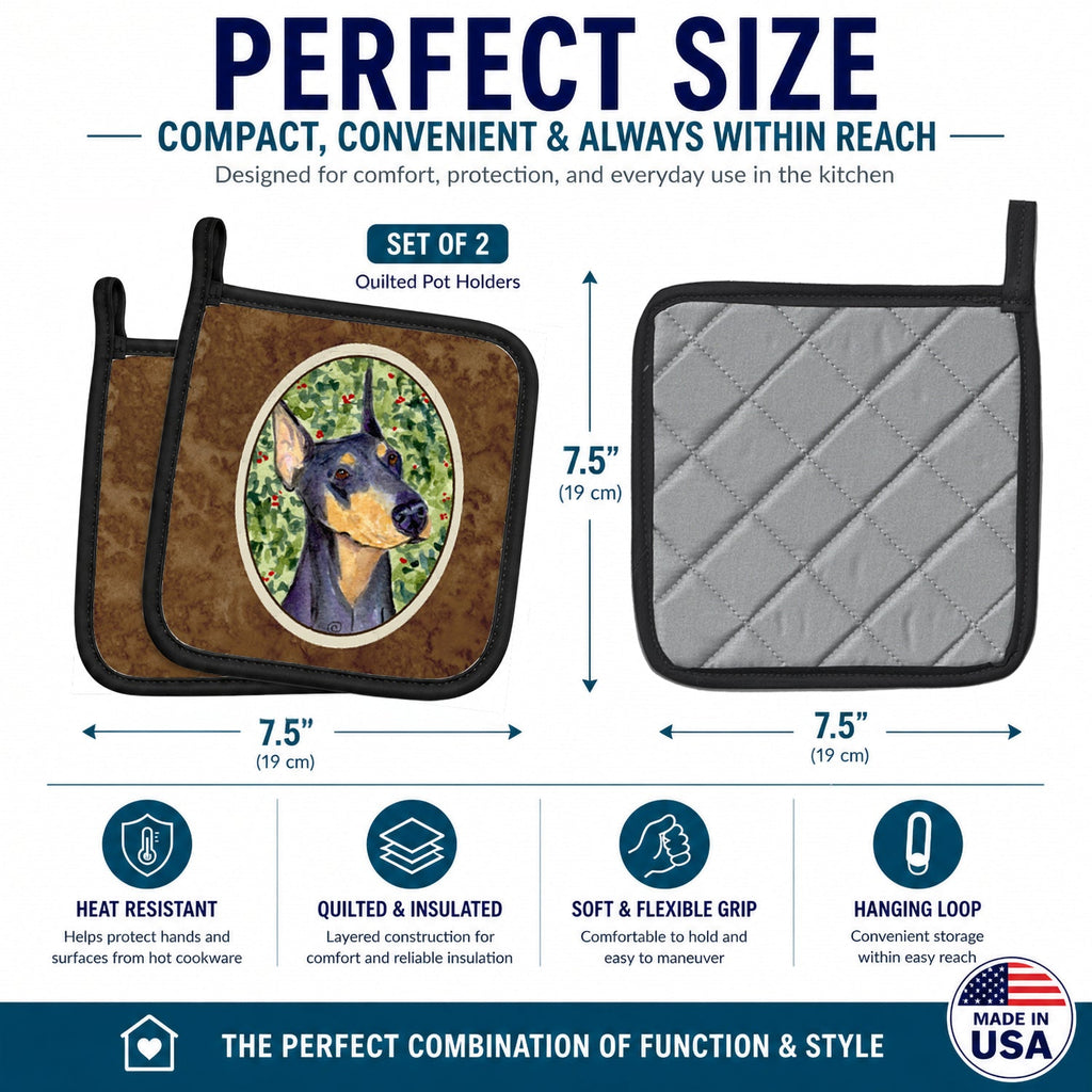 Doberman Pot Holder Set of 2 Heat Resistant Quilted Hot Pads 7.5 x 7.5 Inch, Insulated Kitchen Trivets for Cooking & Baking