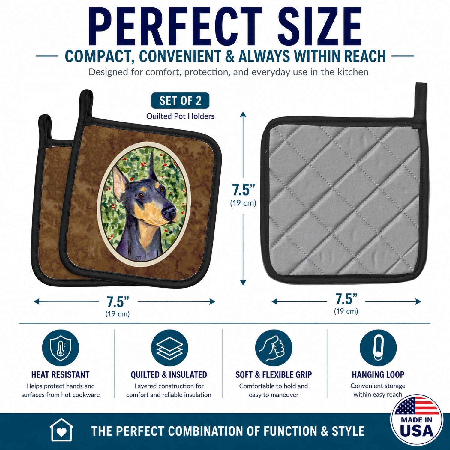 Doberman Pot Holder Set of 2 Heat Resistant Quilted Hot Pads 7.5 x 7.5 Inch, Insulated Kitchen Trivets for Cooking & Baking