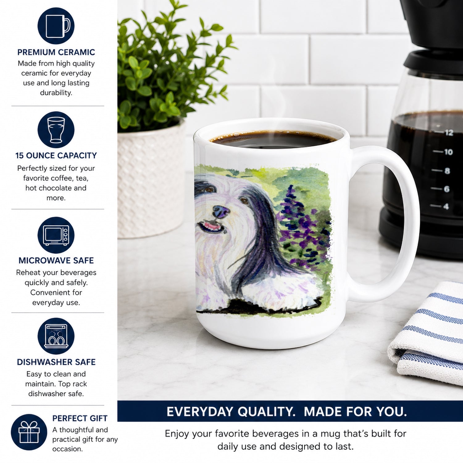 Bearded Collie Ceramic Coffee Mug 15 oz Decorative Large C Handle Mug Cup for Tea, Cocoa Hot Chocolate
