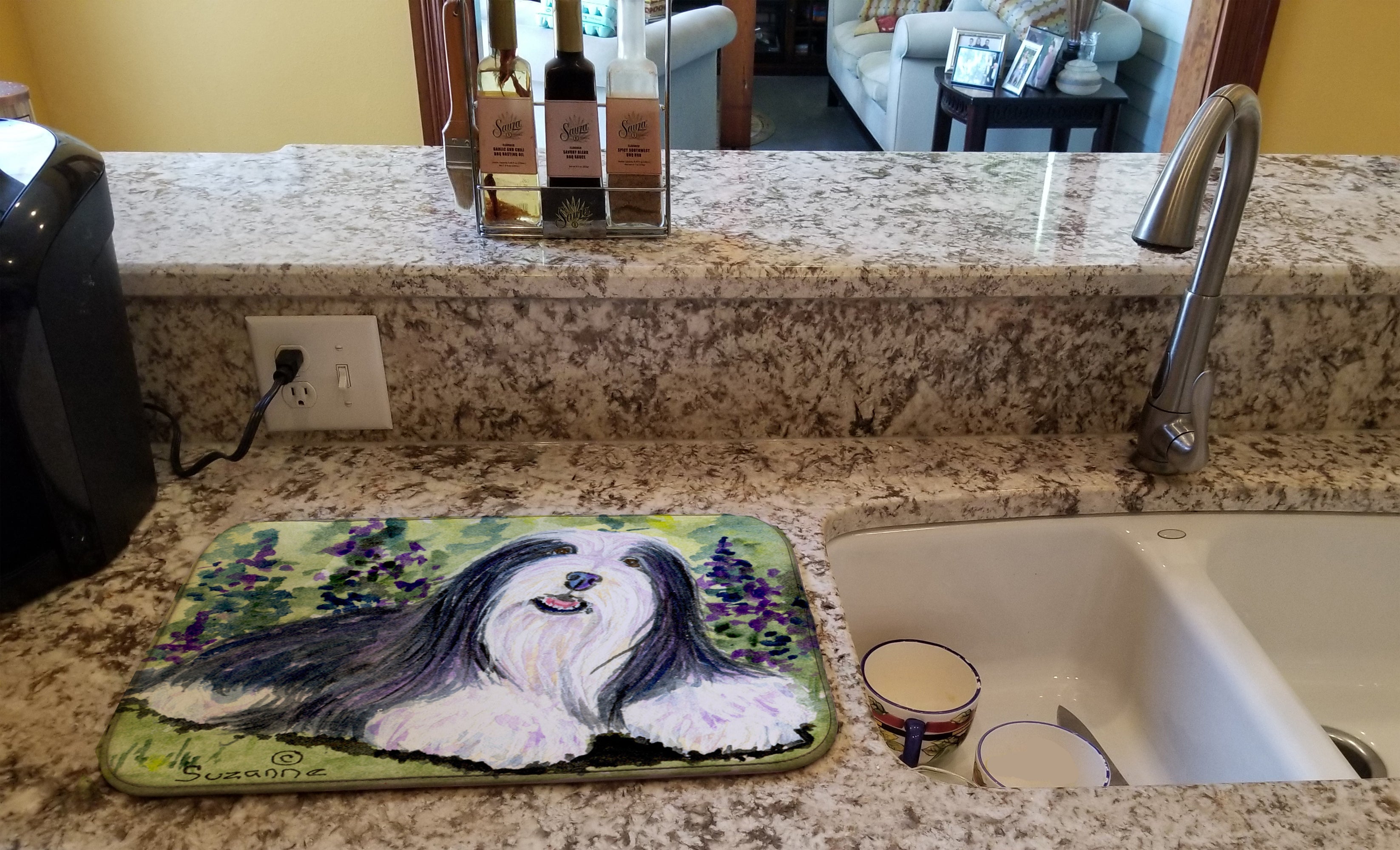 Bearded Collie Dish Drying Mat Absorbent Dish Drying Mat Pad for Kitchen Counter Dish Drainer Mat for Countertop, 14 x 21", Multicolor