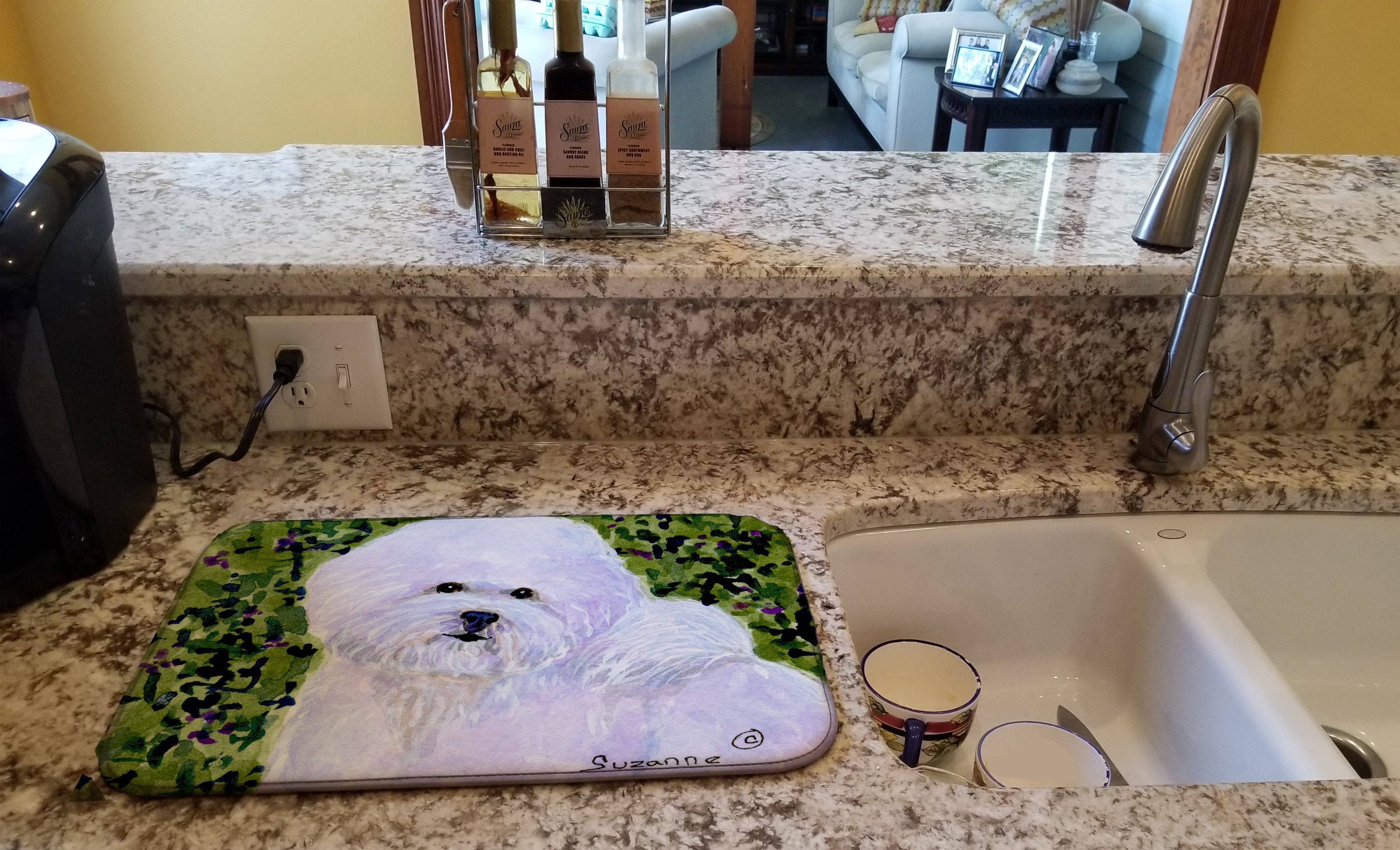 Bichon Frise Dish Drying Mat Absorbent Dish Drying Mat Pad for Kitchen Counter Dish Drainer Mat for Countertop, 14 x 21", Multicolor
