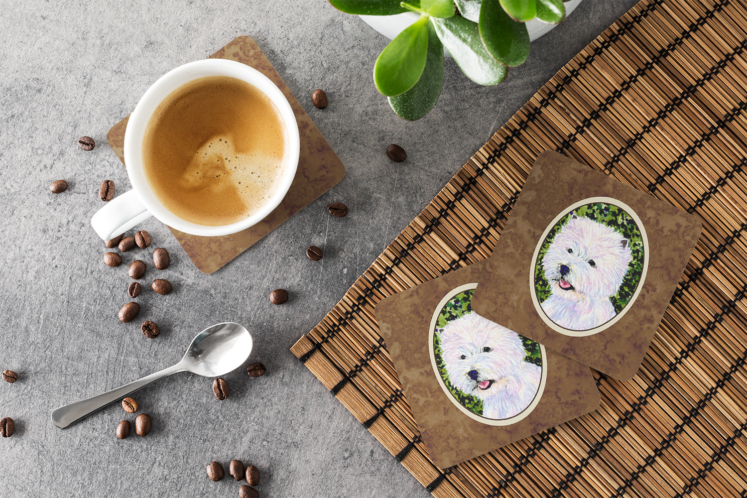 Westie Foam Coasters Set of 4 Cup Coasters for Indoor Outdoor, Tabletop Protection, Anti Slip, Mouse pad Material