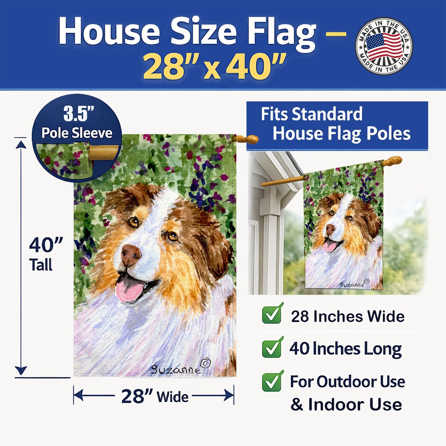 Australian Shepherd House Flag 28x40 Porch Sleeve Pole Decorative Outside Yard Banner Artwork Wall Hanging, Polyester