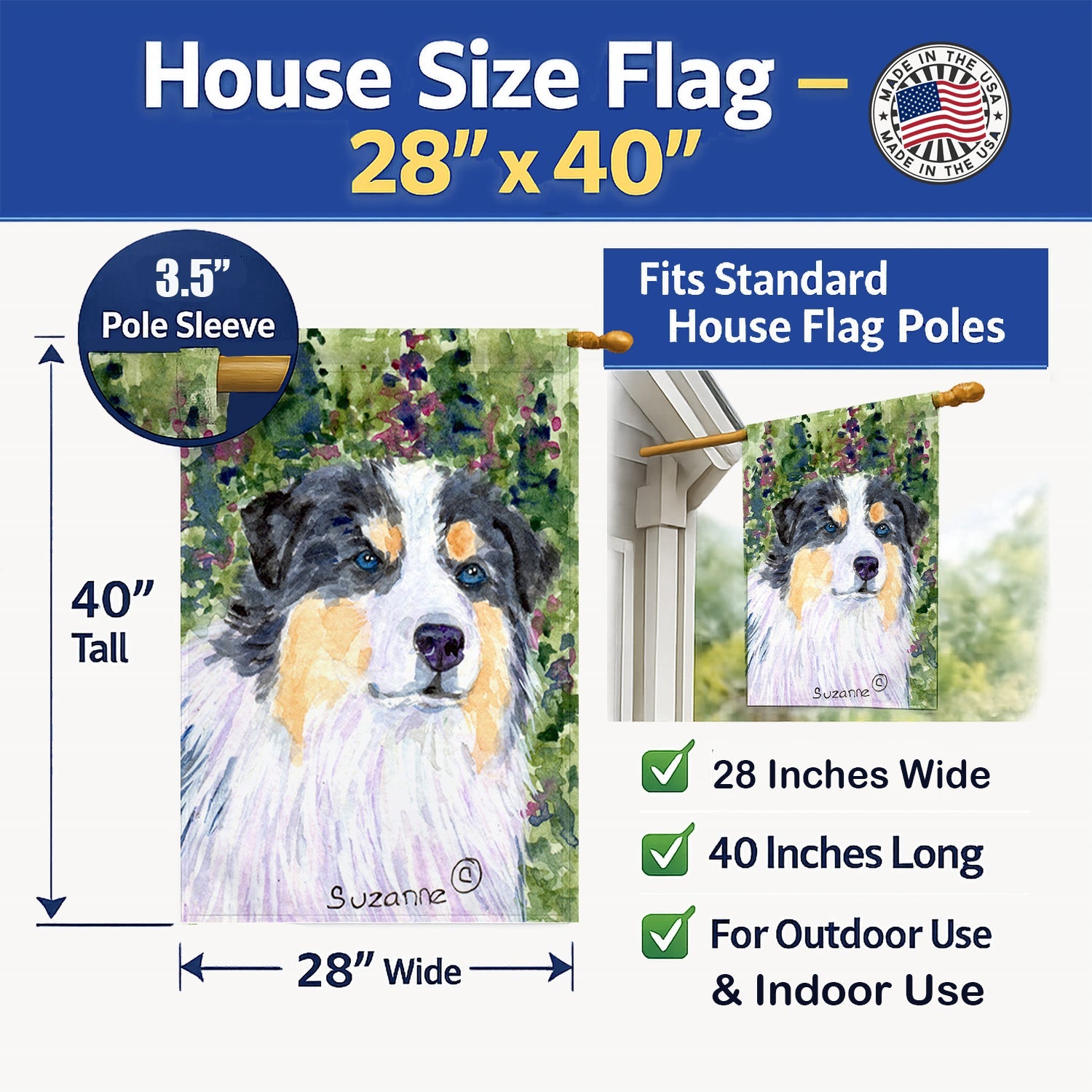 Australian Shepherd House Flag 28x40 Porch Sleeve Pole Decorative Outside Yard Banner Artwork Wall Hanging, Polyester